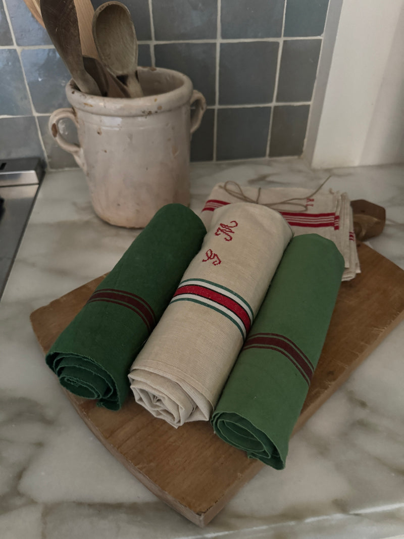 Vintage French Linen Dishtowel, Striped in Red & Green with Embroidered Initials