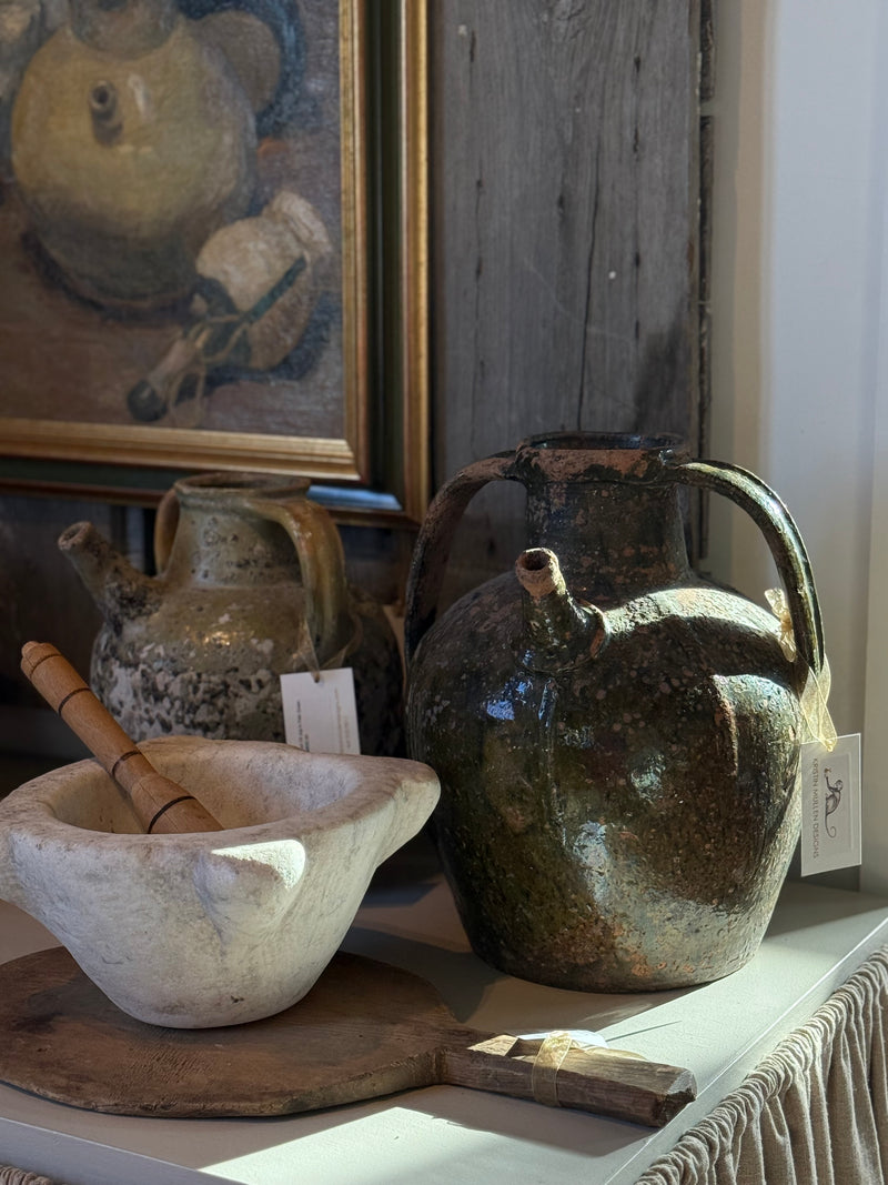 French Walnut Oil Jug 19th C in Deep Olive Green