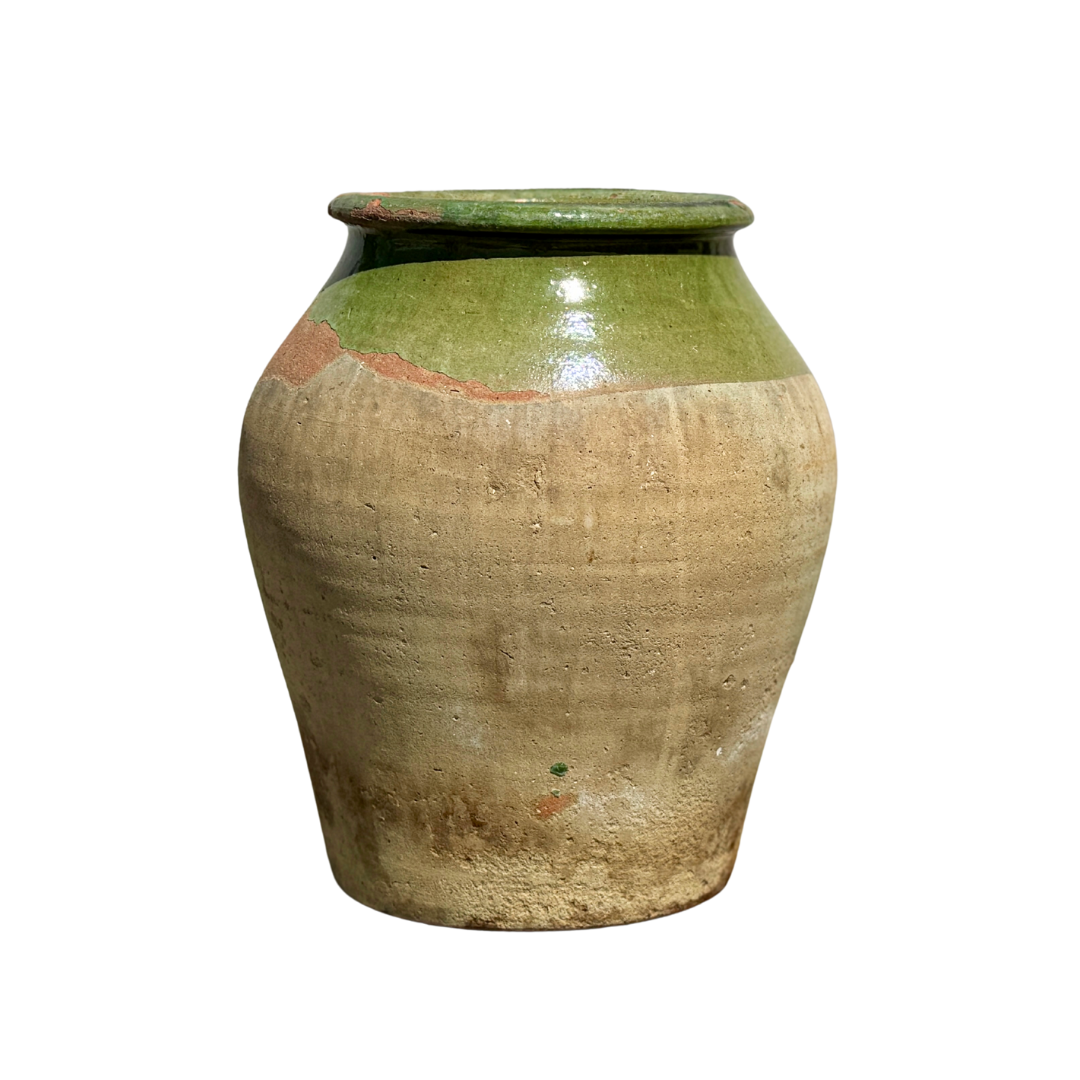 Vintage Spanish Biot Jar with Olive Green Glaze