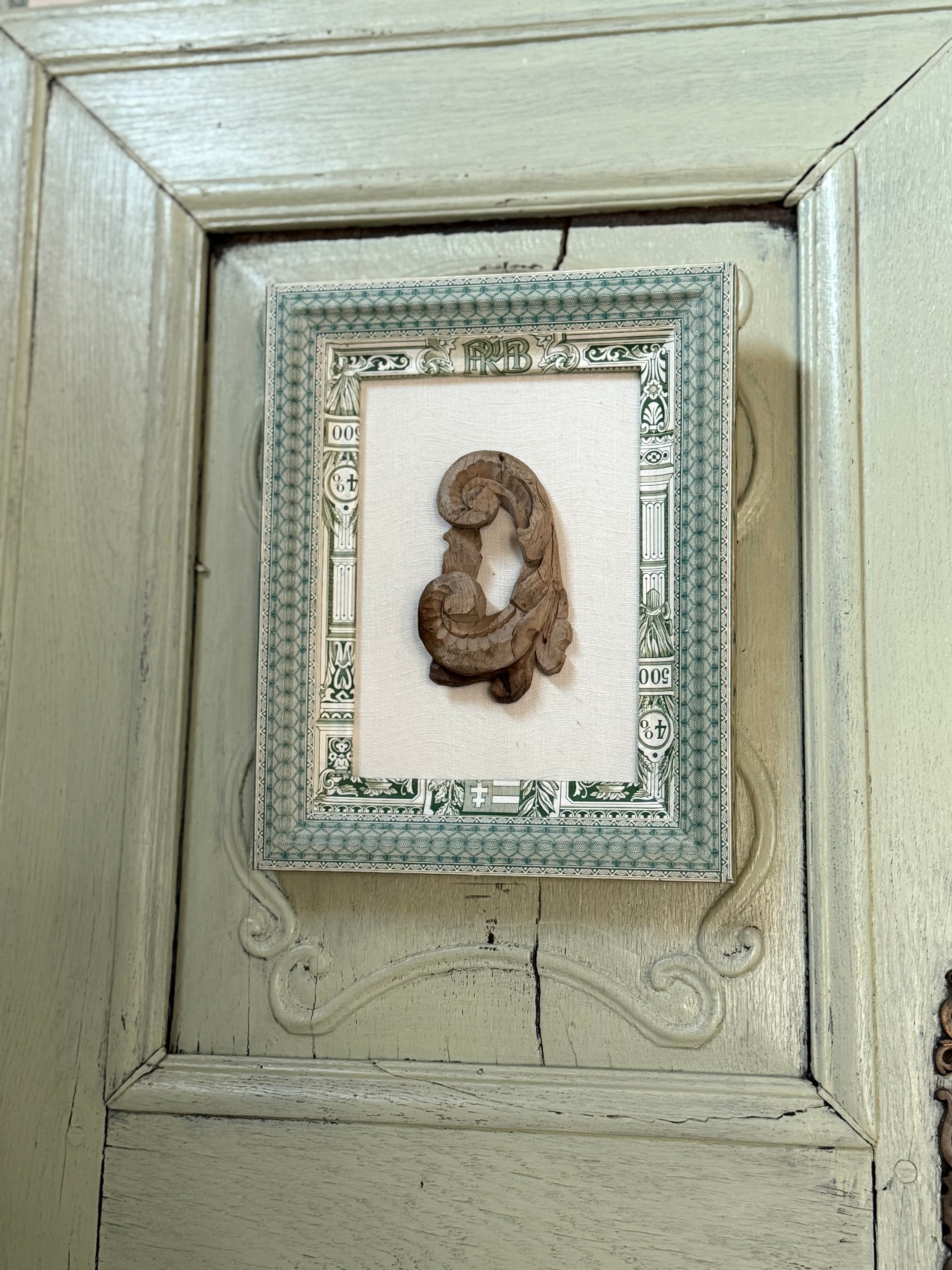 French Decoupaged Frame with Antique Fragment, Green and Ivory