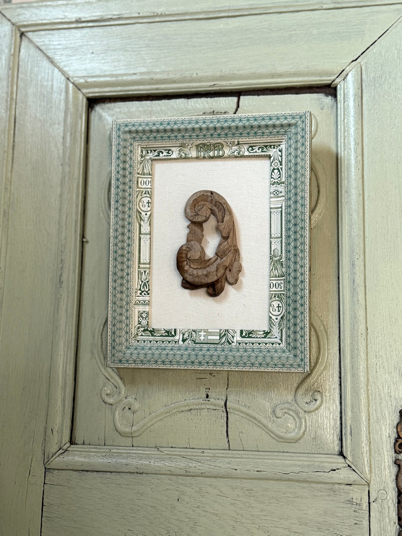 French Decoupaged Frame with Antique Fragment, Green and Ivory