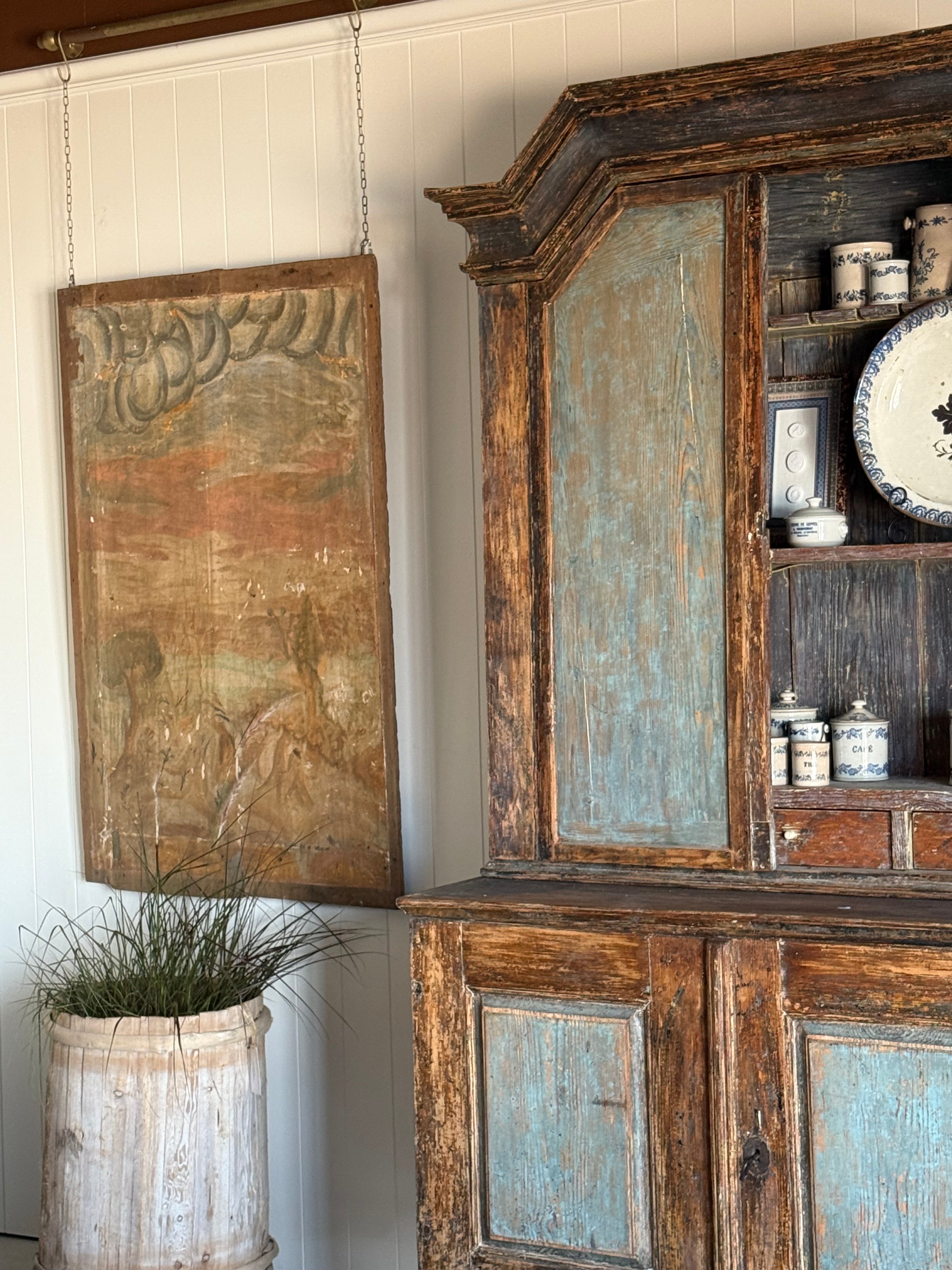 Granada Hand-Painted Scene on Salvaged Cabinet Panel Back , 18th c