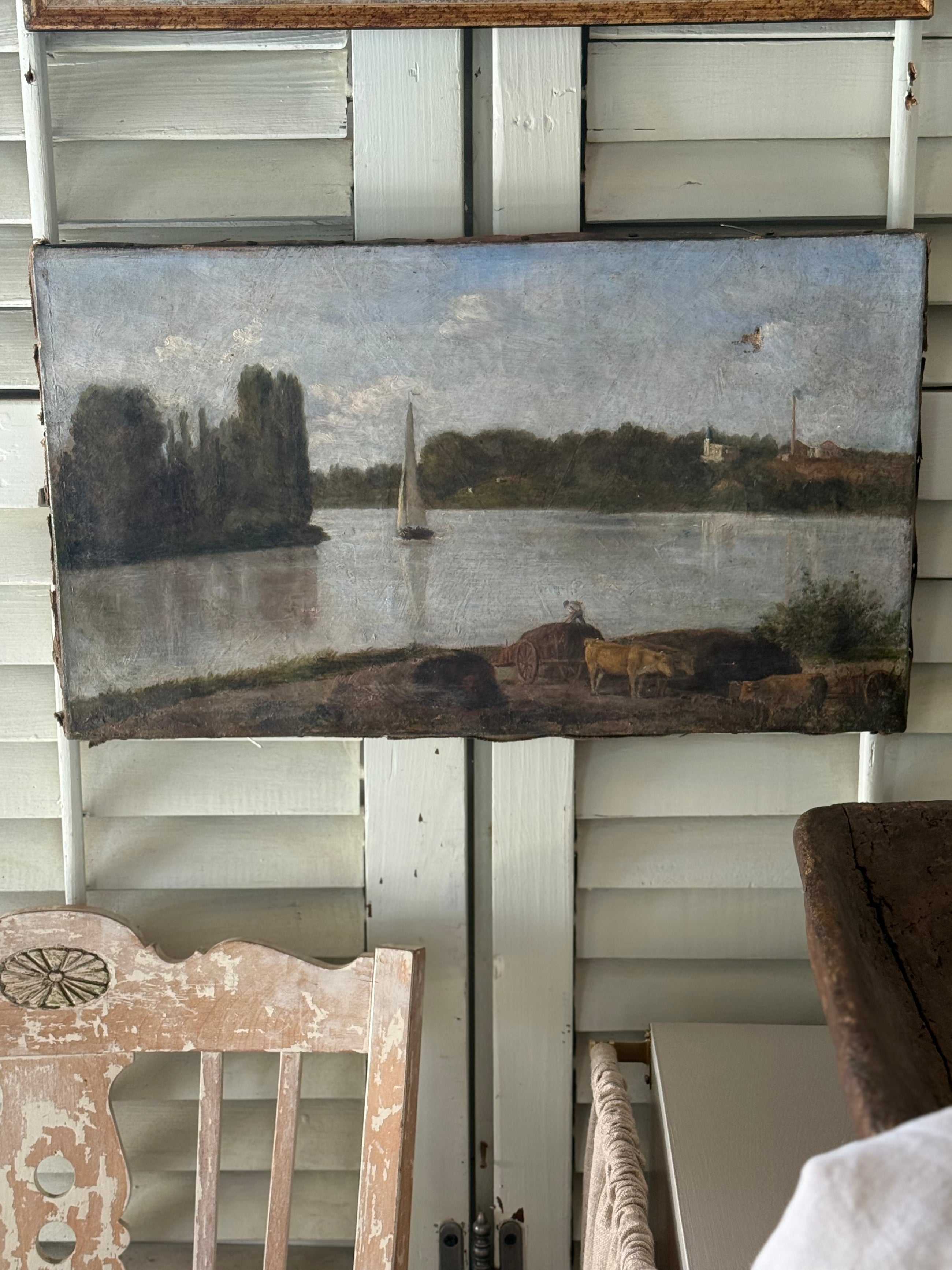 French Village Water Landscape, Oil Painting, Late 19th c