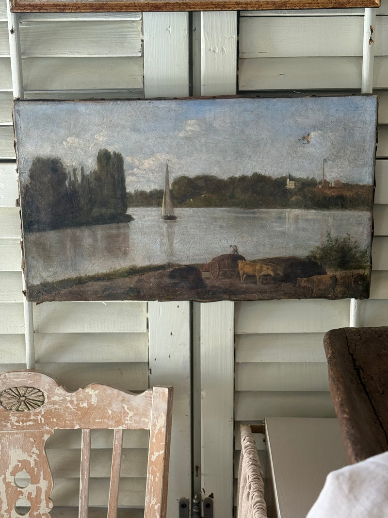 French Village Water Landscape, Oil Painting, Late 19th c