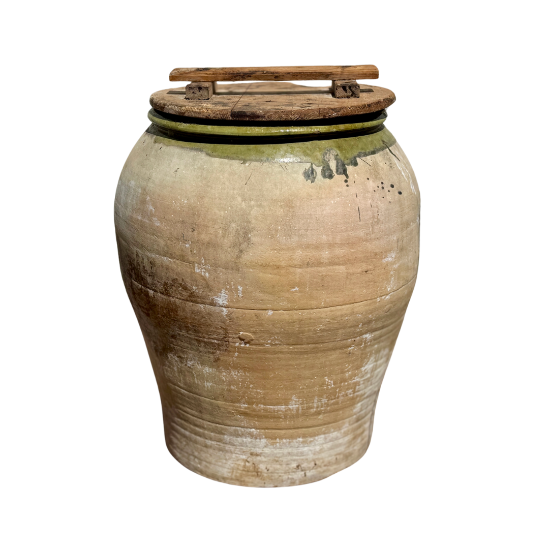 Large Vintage Spanish Urn with Ridged Detail and Green Glazed Accent