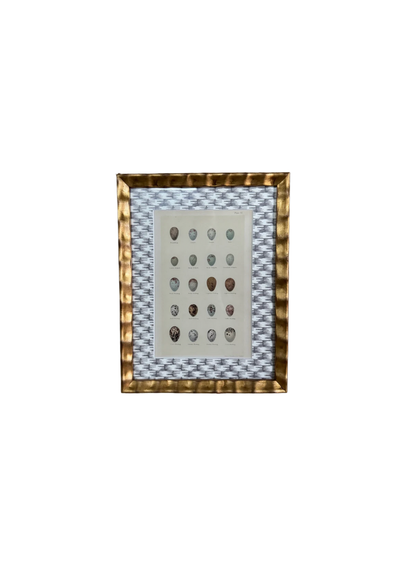 Framed Antique Egg Print with Wicker-Patterned Wallpaper Mat