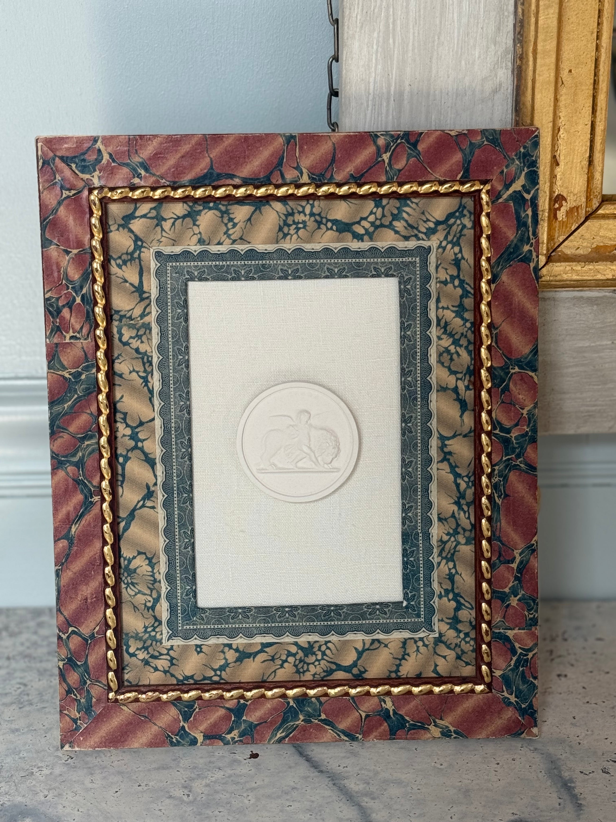 French Decoupaged Frame with Intaglios, Scarlet and Taupe