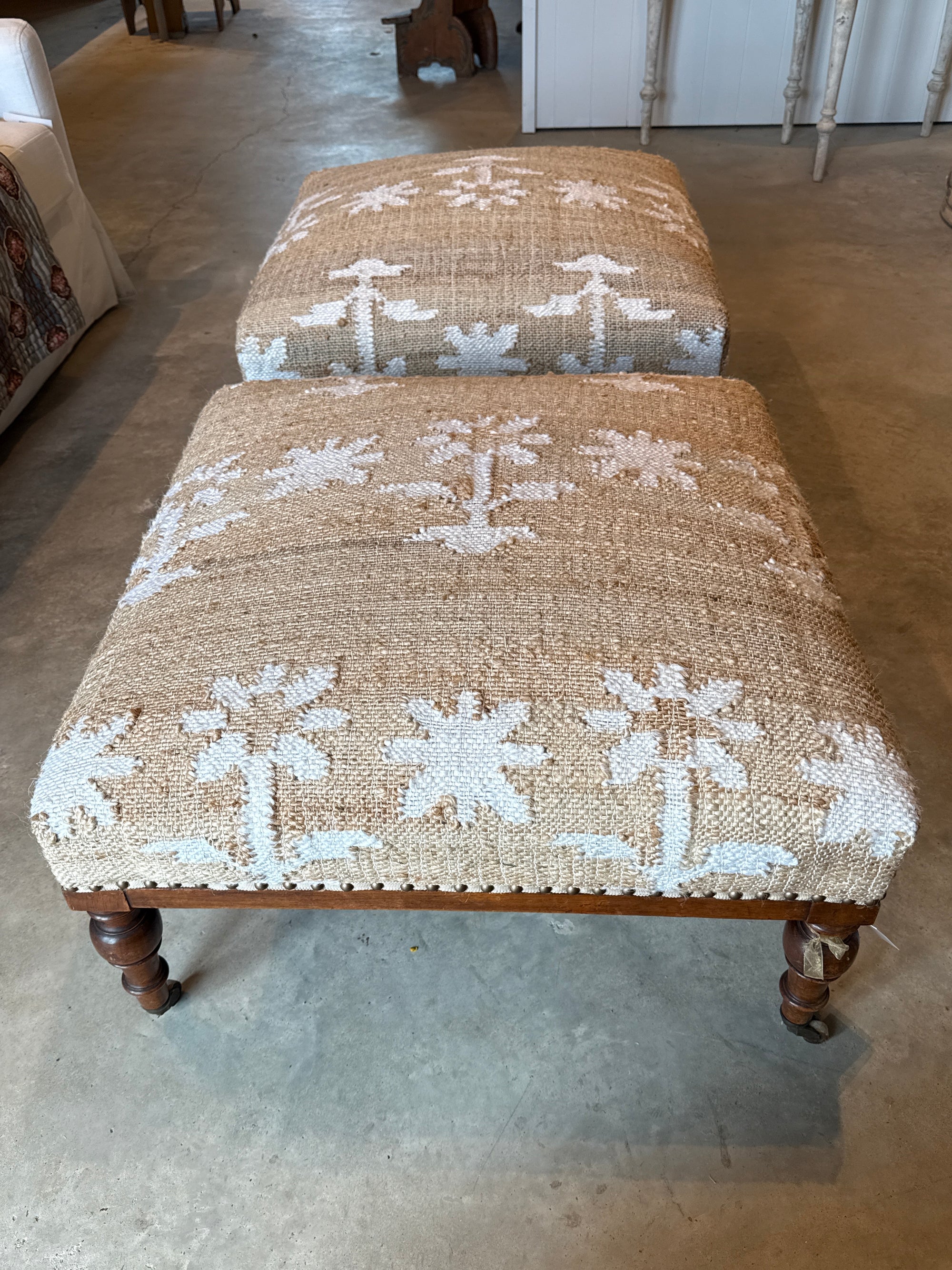 Antique Ottoman on Casters with Jute Upholstery