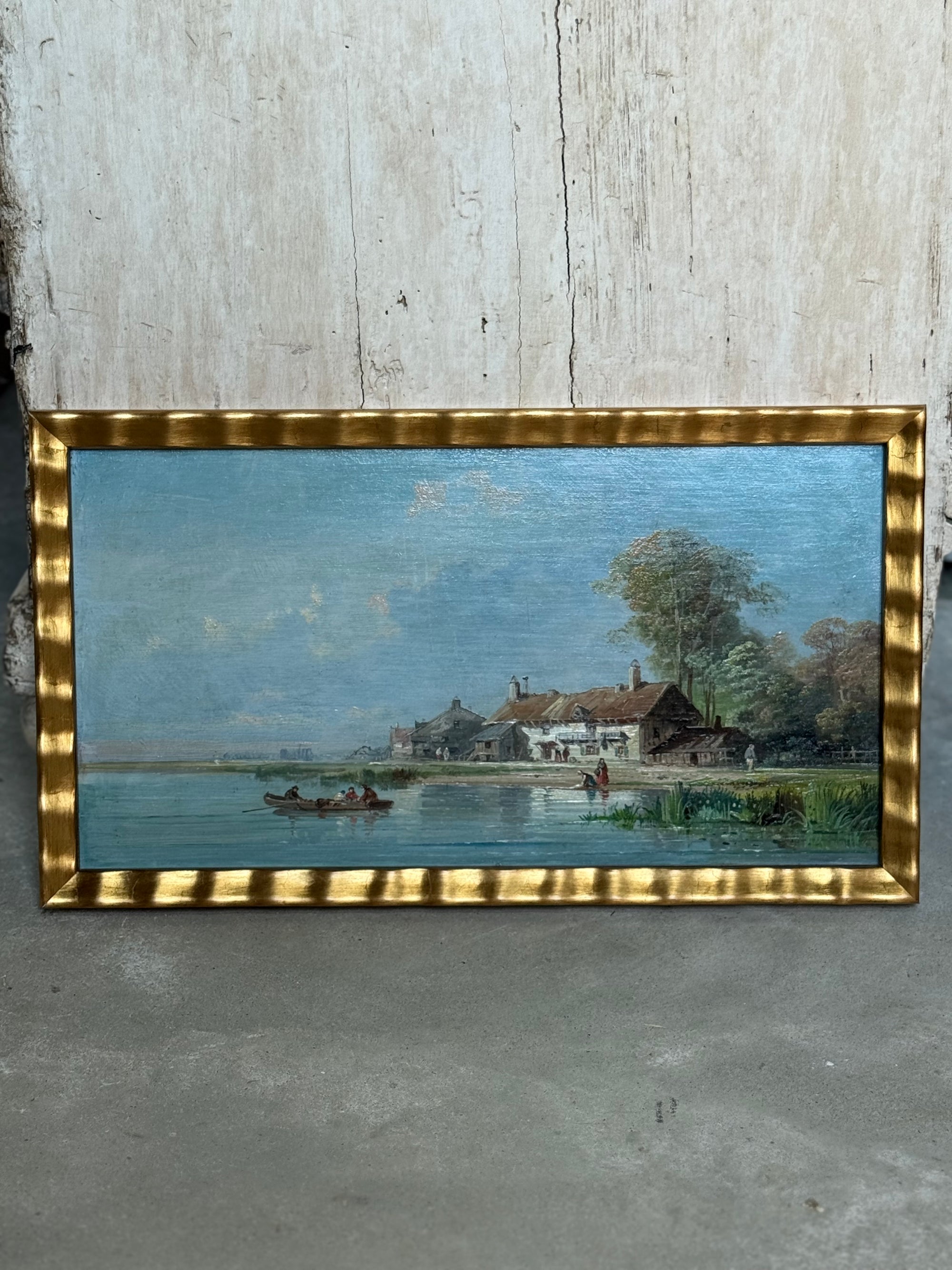 French Riverside Village, 20th c Oil Painting