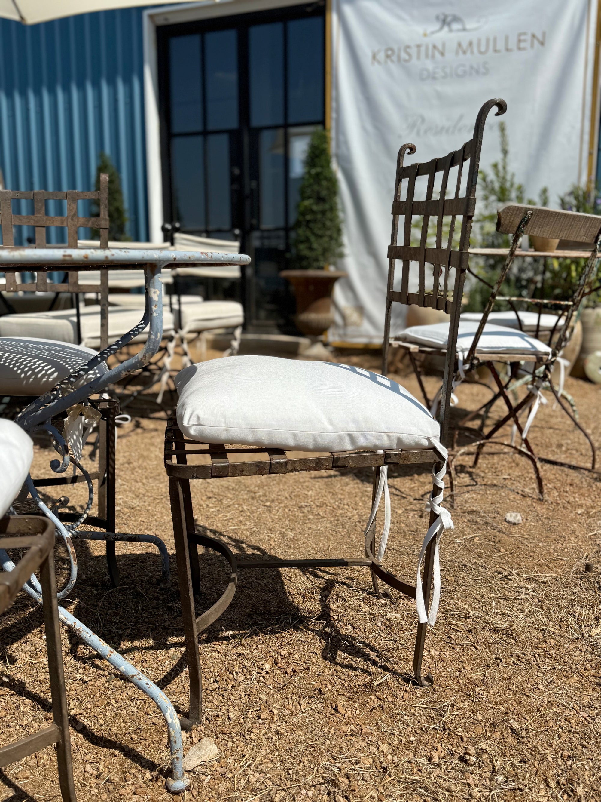 Vintage French Iron Garden Chairs with Cushions, Set of 4