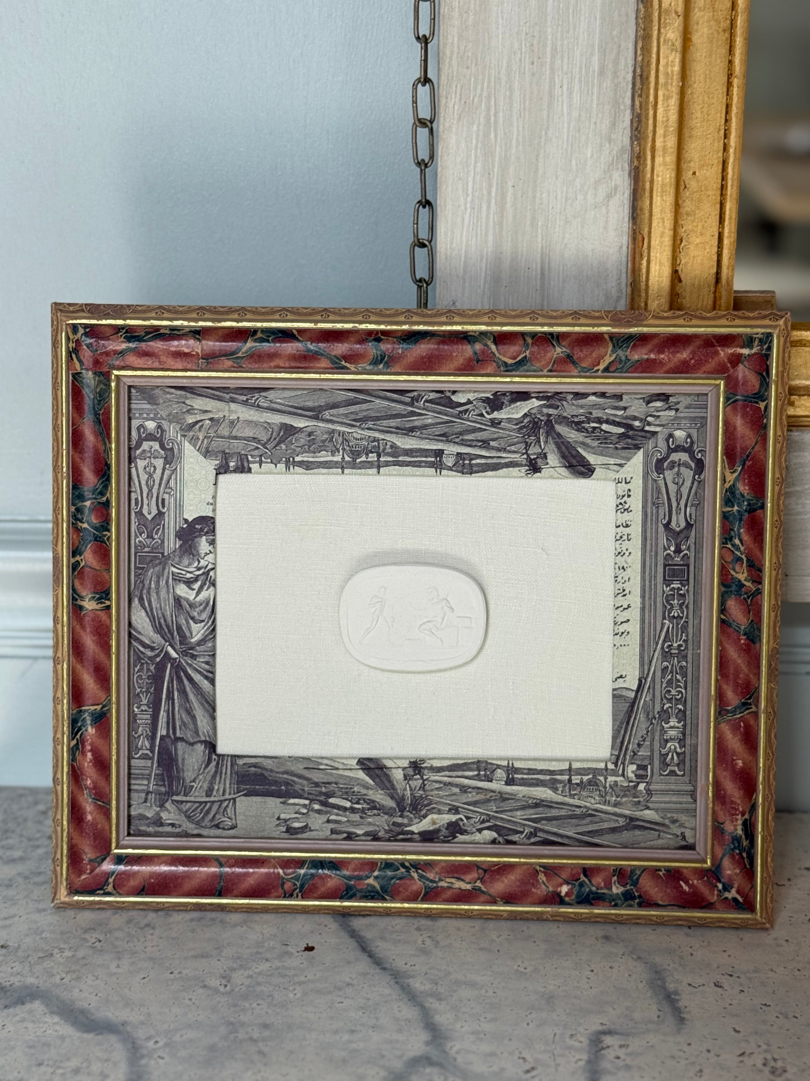 French Decoupaged Frame with Intaglios, Scarlet and Charcoal, Horizontal