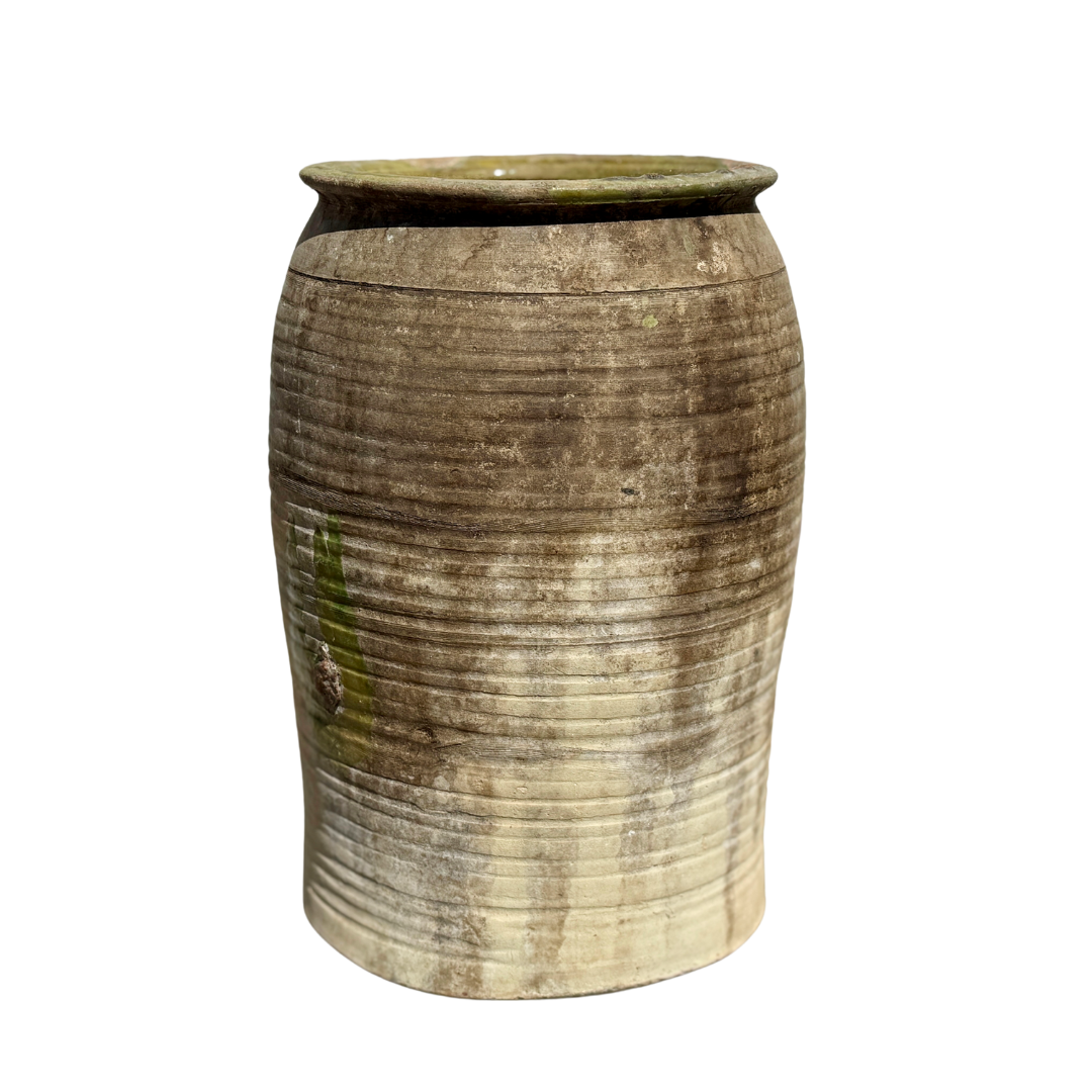 Vintage Spanish Olive Oil Jar with Ridged Detail