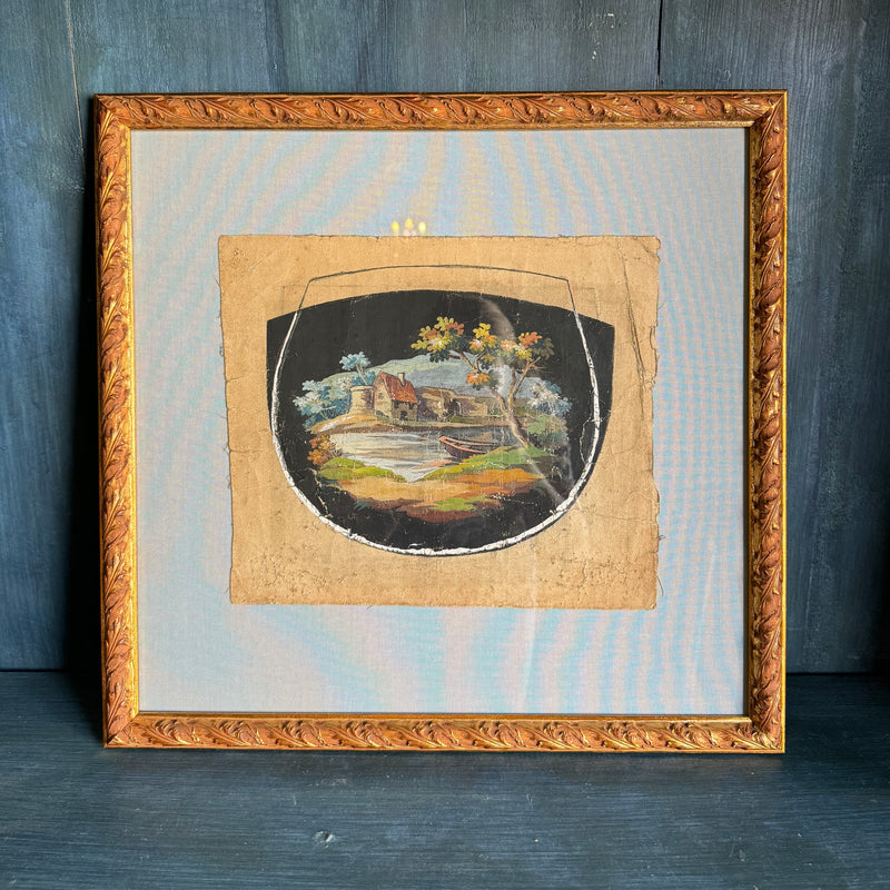 Framed 19th-Century Aubusson Cartoons on Pale Blue Linen Mat