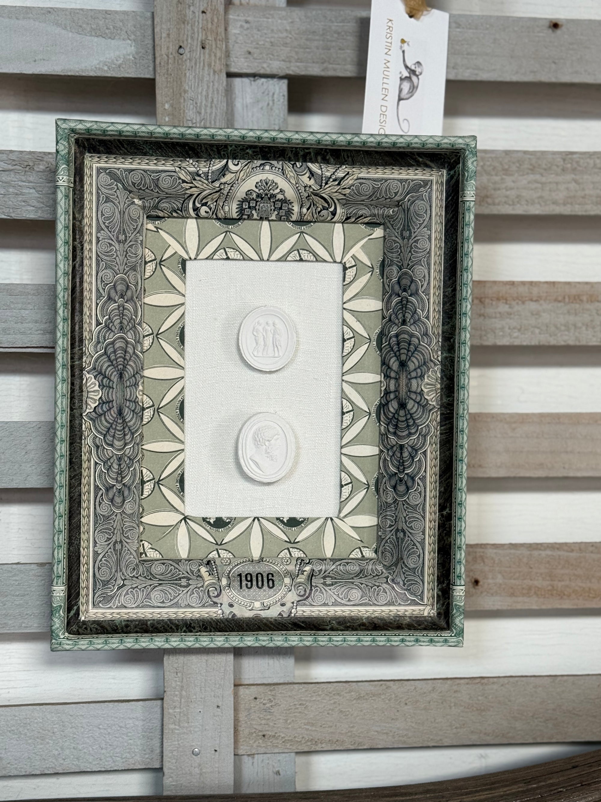 French Decoupaged Frame with Two Intaglios, Green Vertical