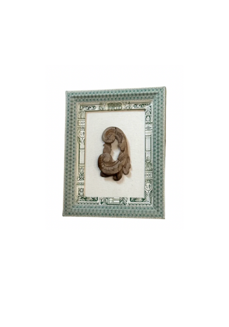 French Decoupaged Frame with Antique Fragment, Green and Ivory