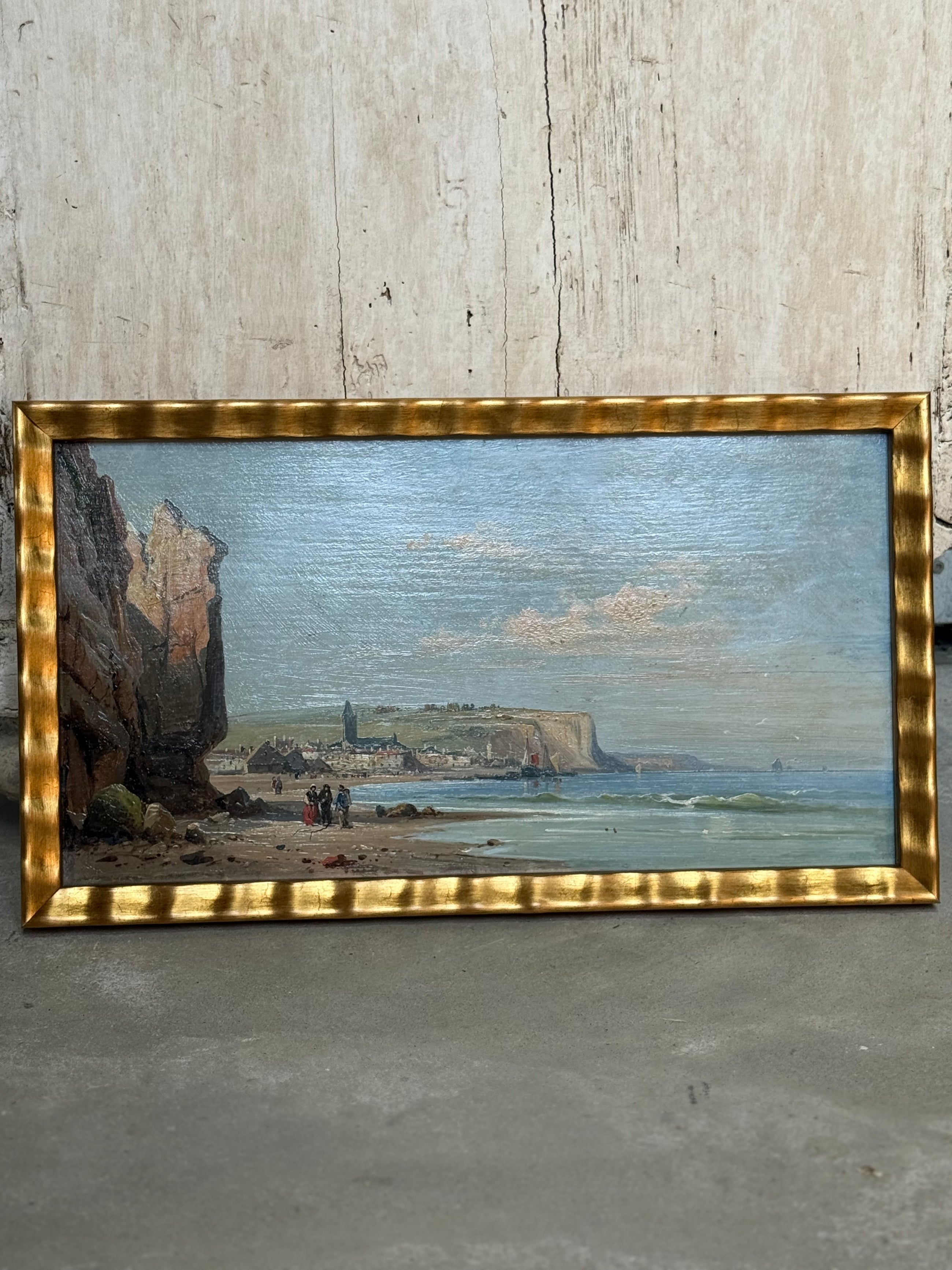 French Tidal Village Landscape, 20th c Oil Painting