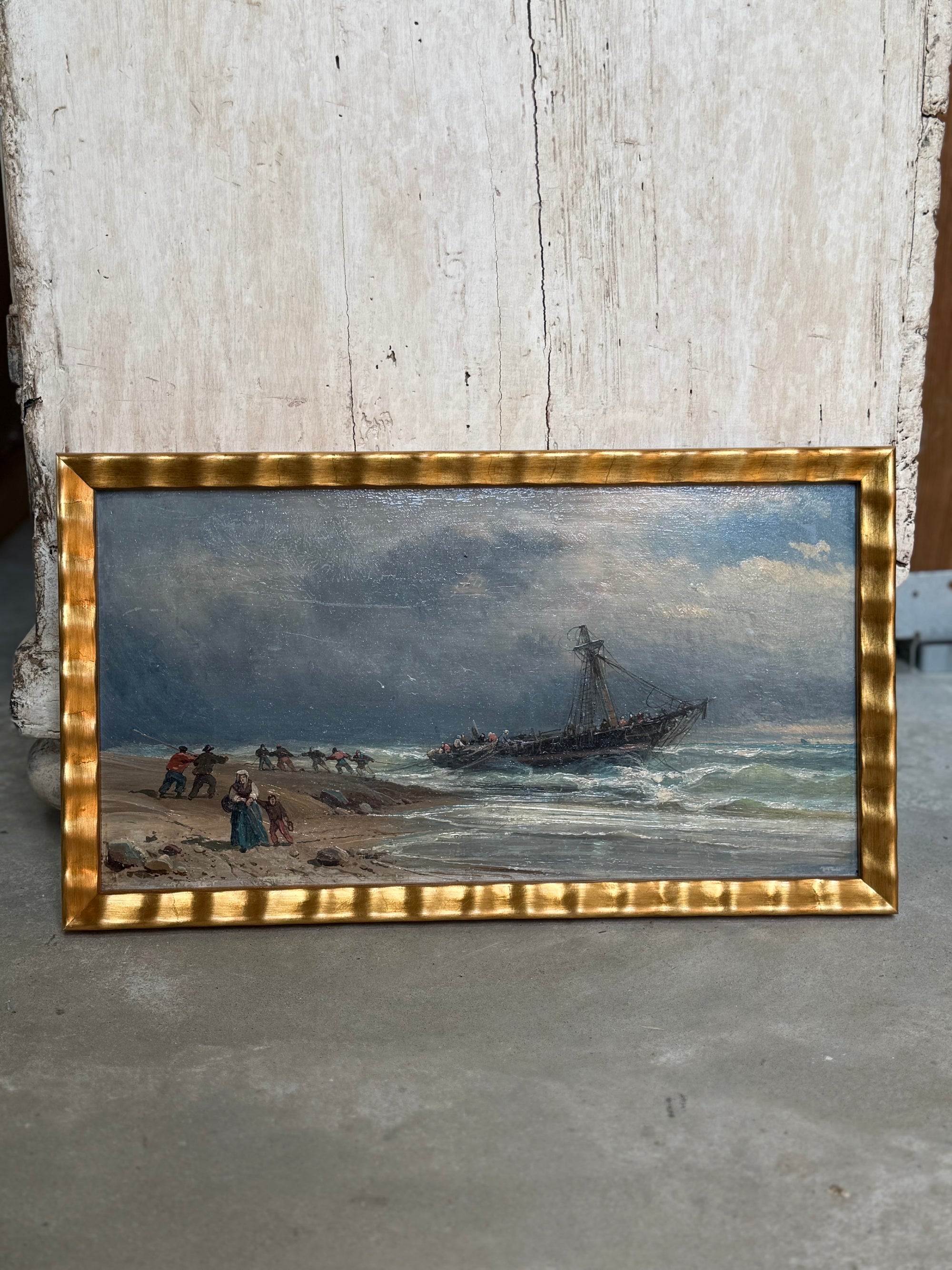 French Stormy Shipwreck Scene, 20th c Oil Painting