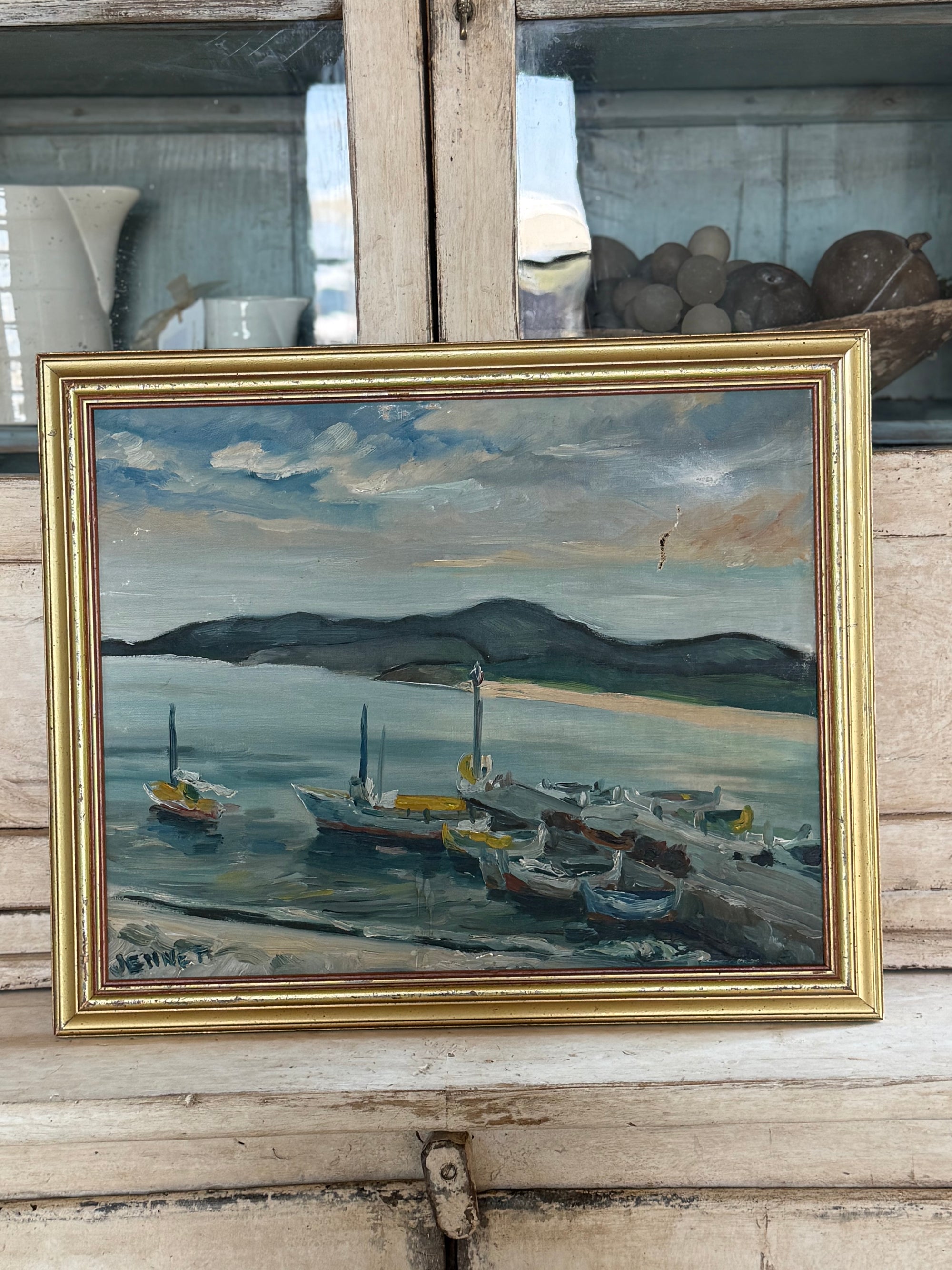 French Harbor Scene, 20th C Oil Painting