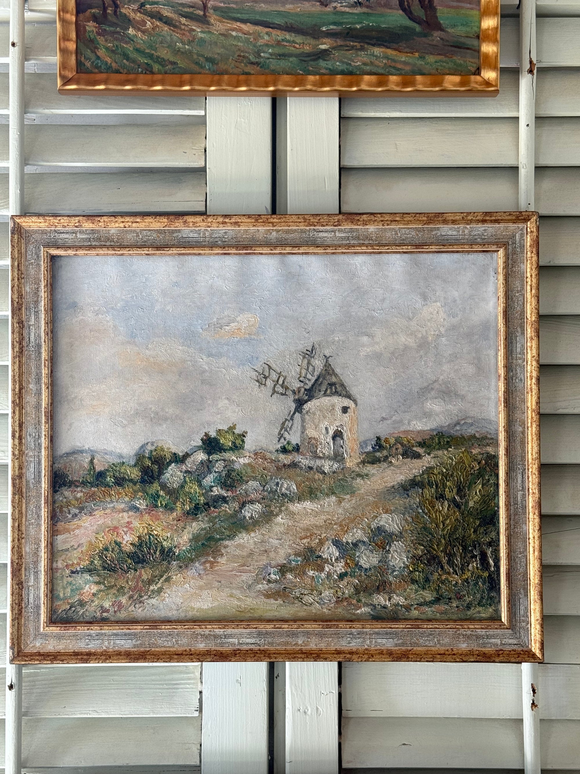 Romantic French landscape, 20th C, Windmill Oil Painting