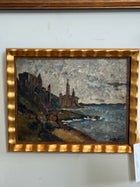 French Church on Seaside, 20th c Oil Painting