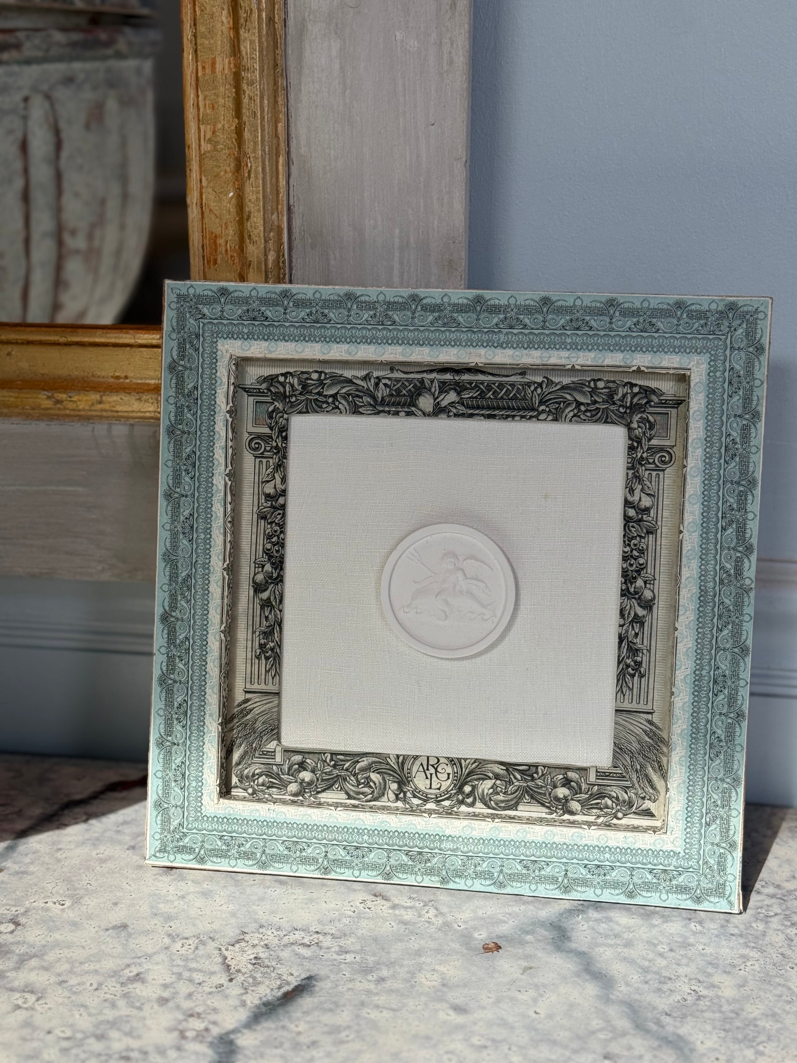 French Decoupaged Frame with Intaglios, Green Square