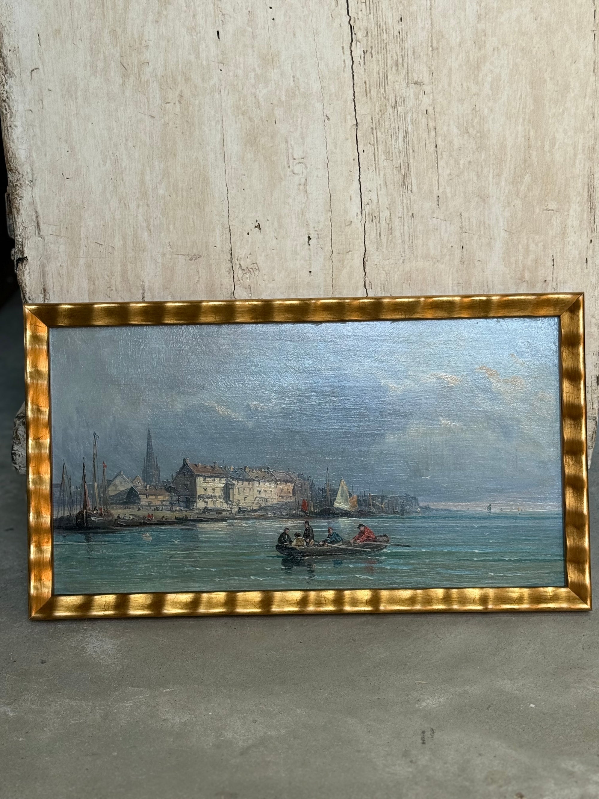 French Coastal Village Scene, 20th c Oil Painting