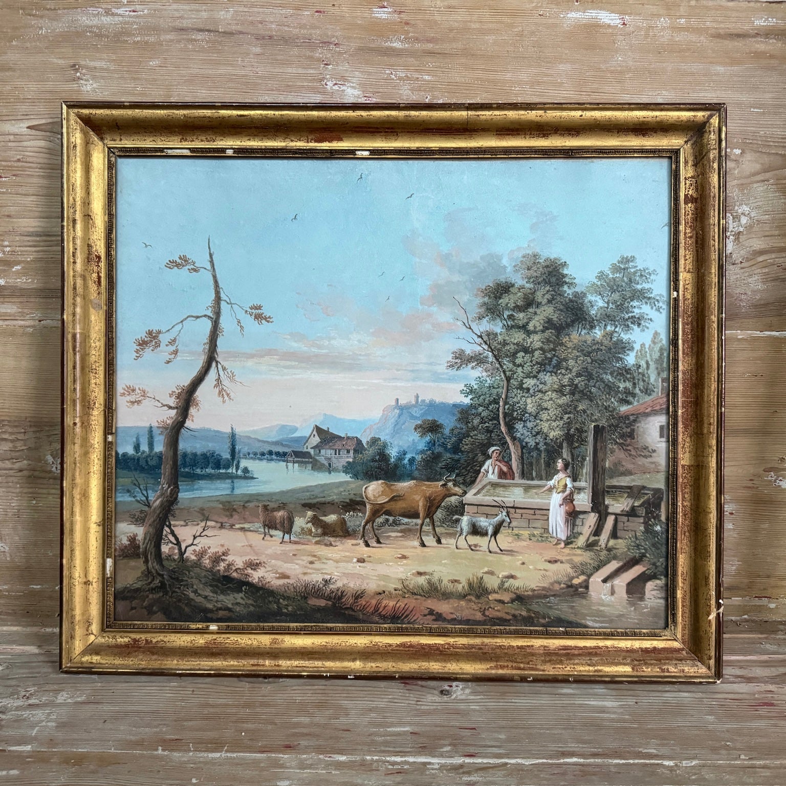 Late 18th C Bucolic French Pastel in Original Gilt Frame