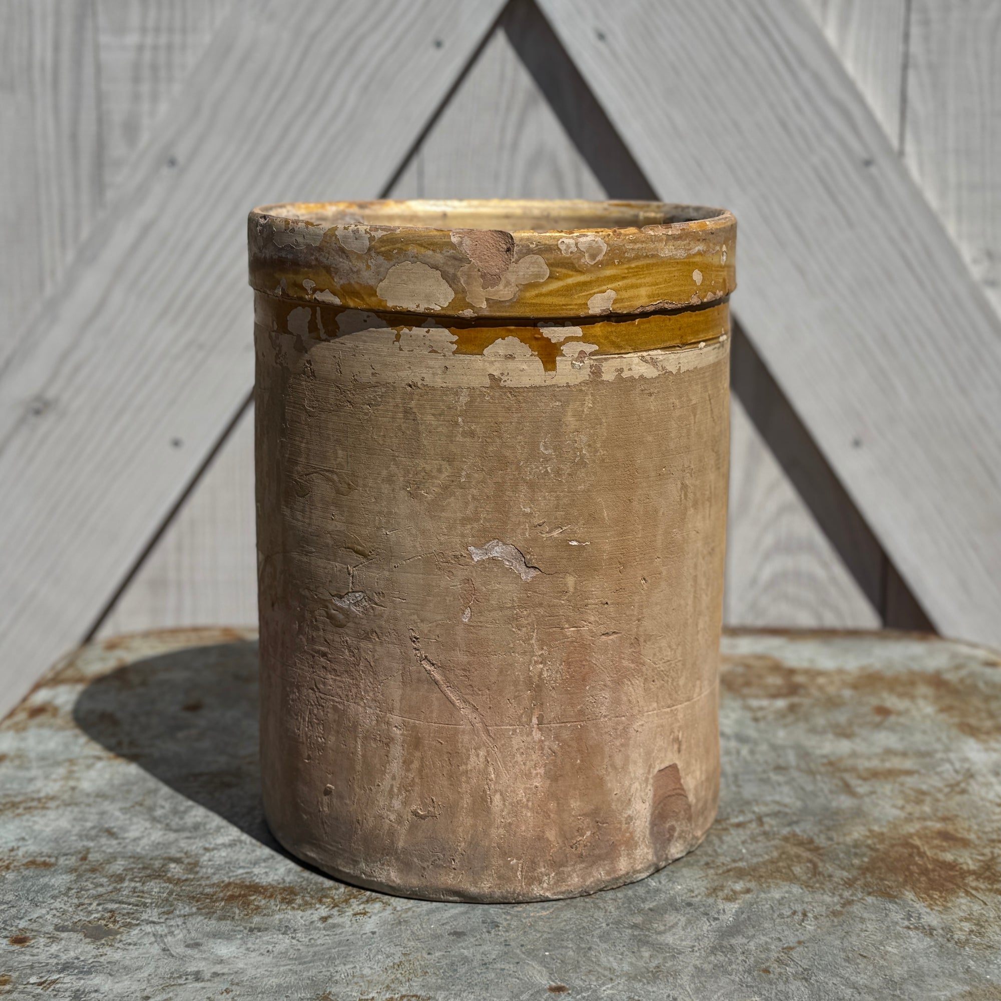Large Italian Antique Terra Cotta Pot with Glazed Mustard Rim