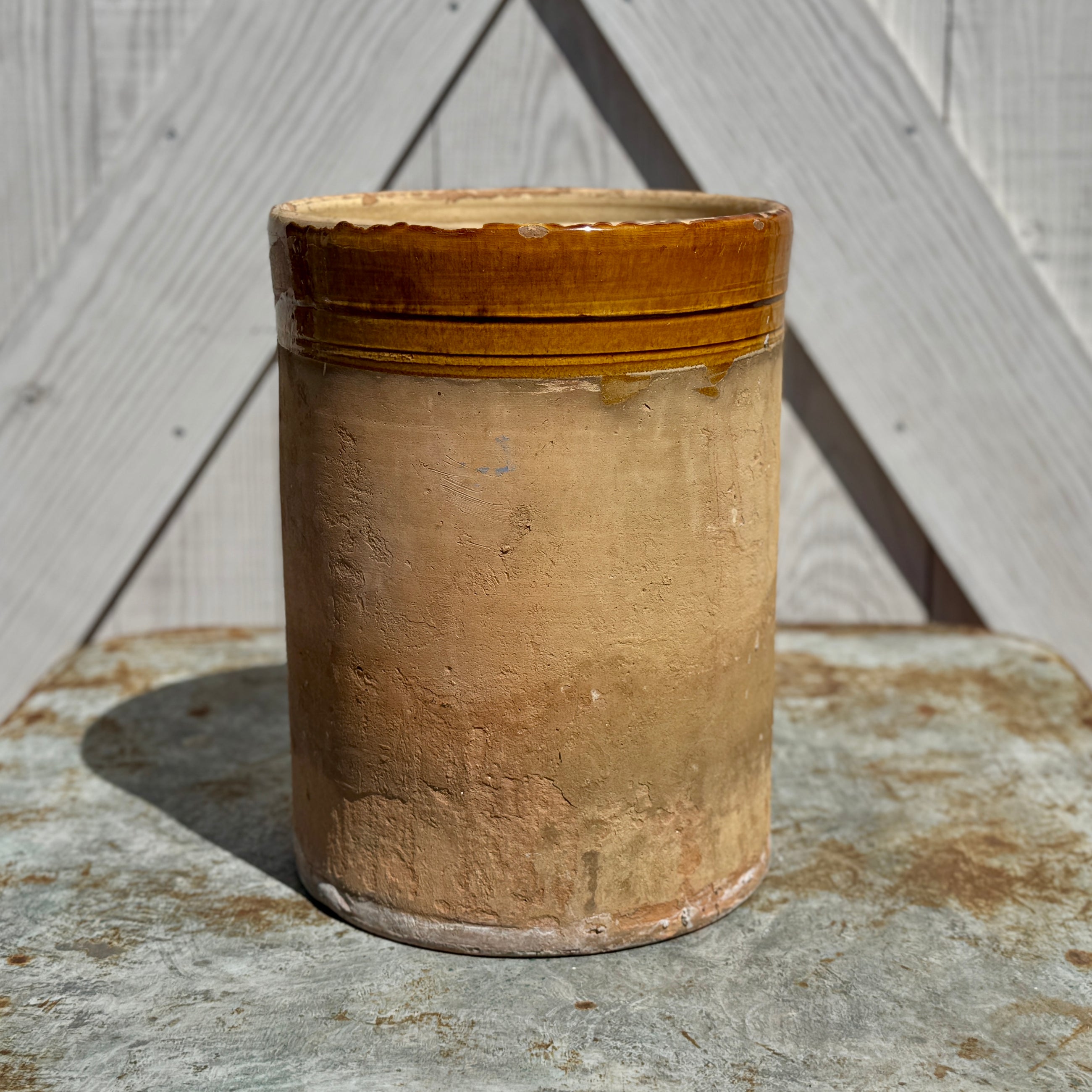 Large Italian Antique Terra Cotta Pot with Glazed Mustard Rim