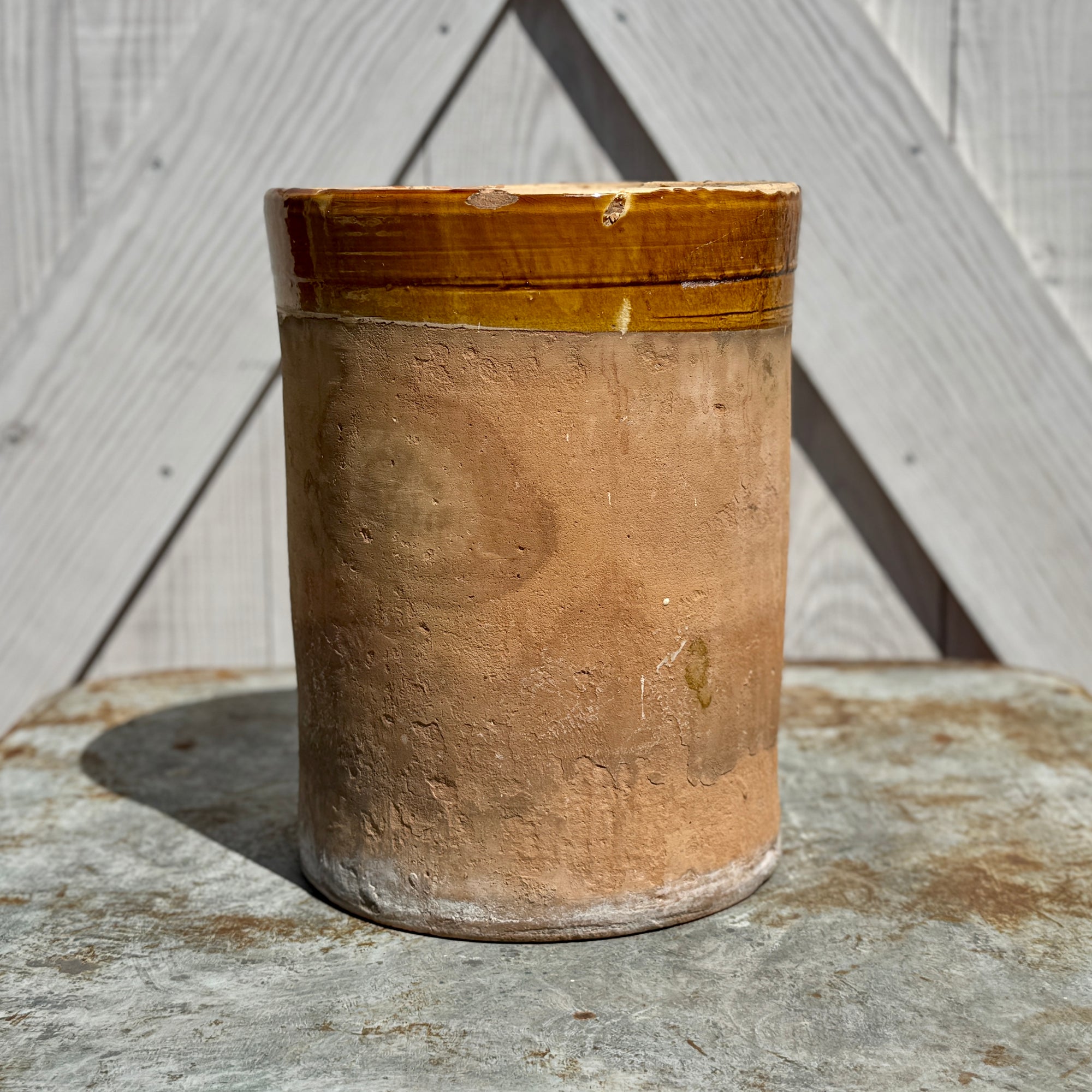 Large Italian Antique Terra Cotta Pot with Glazed Mustard Rim