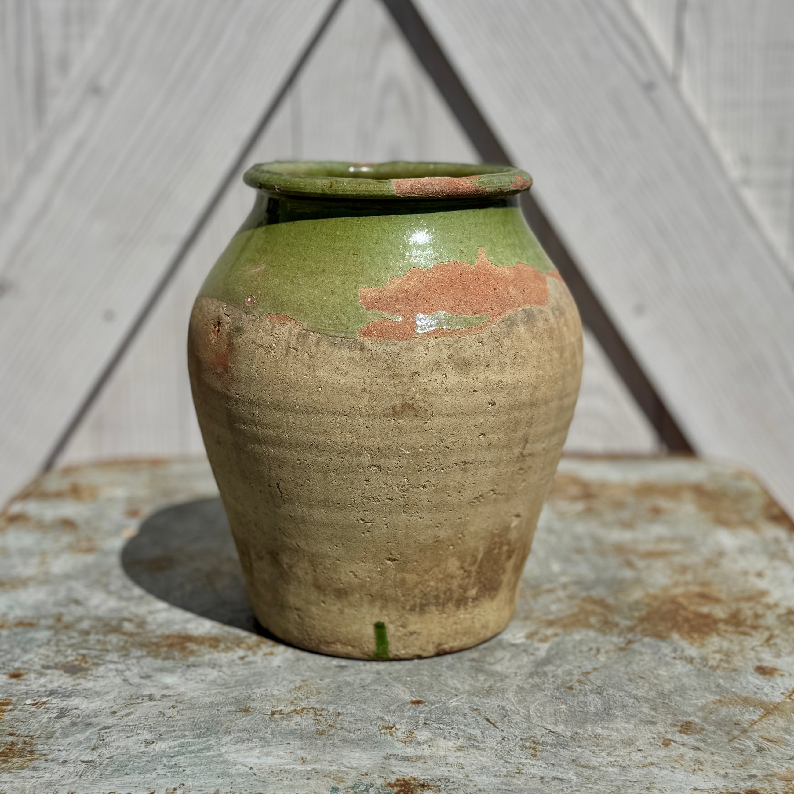 Vintage Spanish Biot Jar with Olive Green Glaze