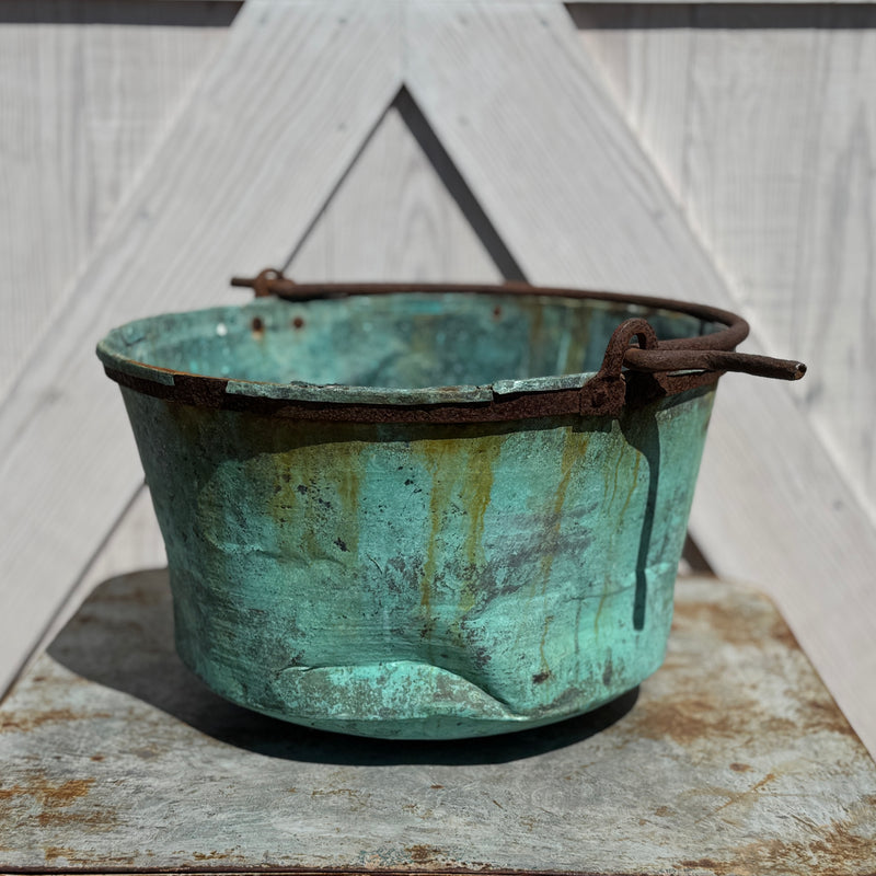 Antique Copper Pot with Blue Green Patina