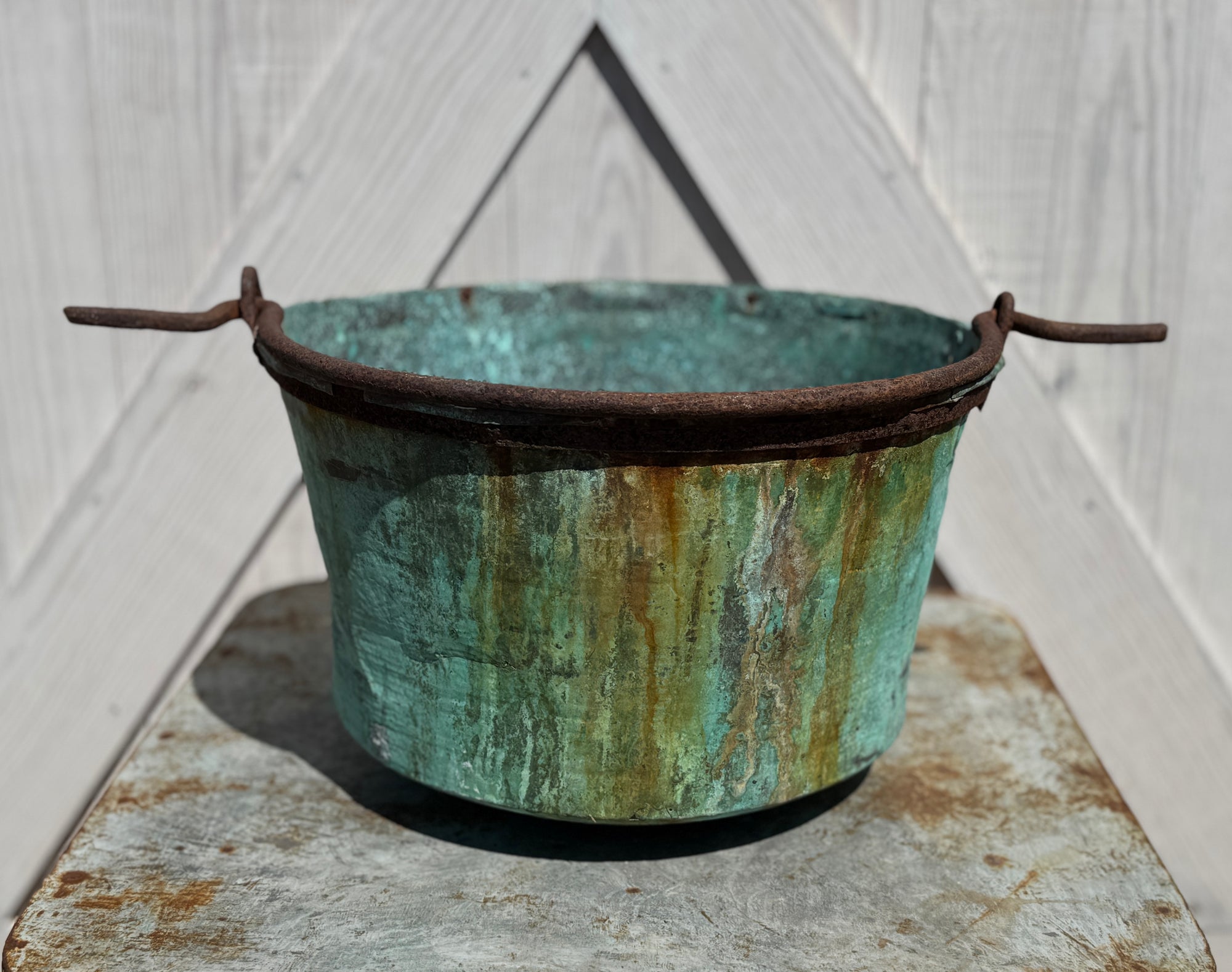 Antique Copper Pot with Blue Green Patina