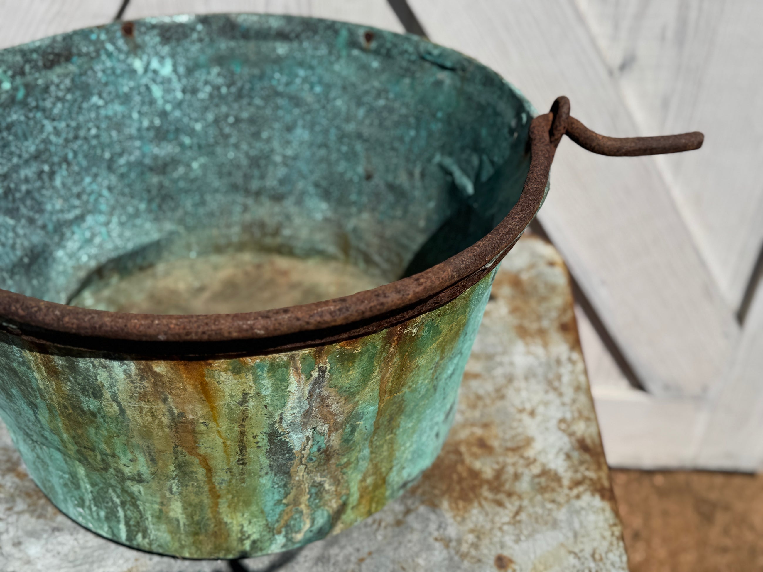 Antique Copper Pot with Blue Green Patina