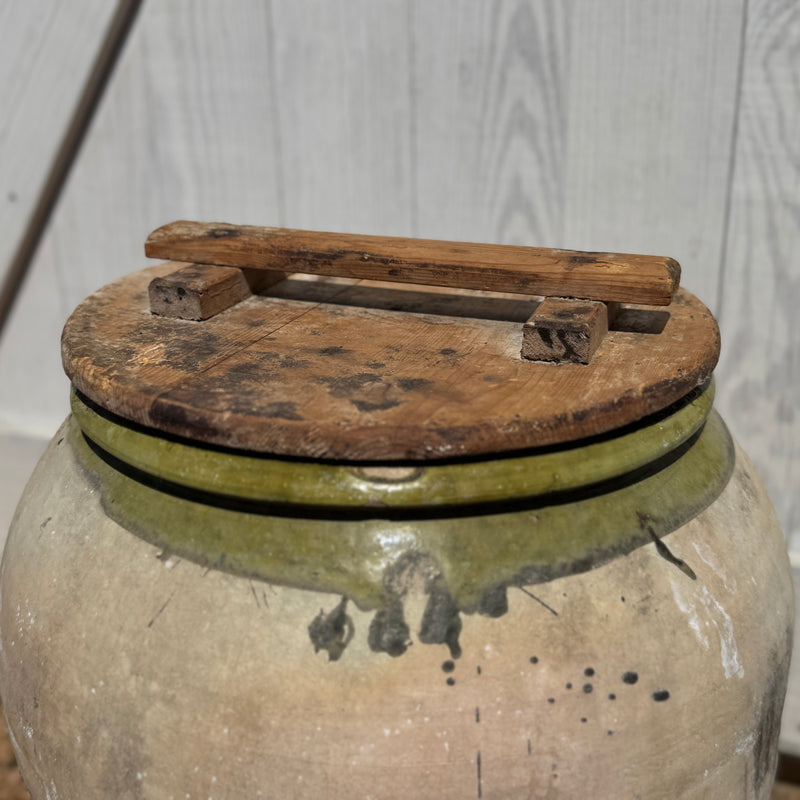 Large Vintage Spanish Urn with Ridged Detail and Green Glazed Accent