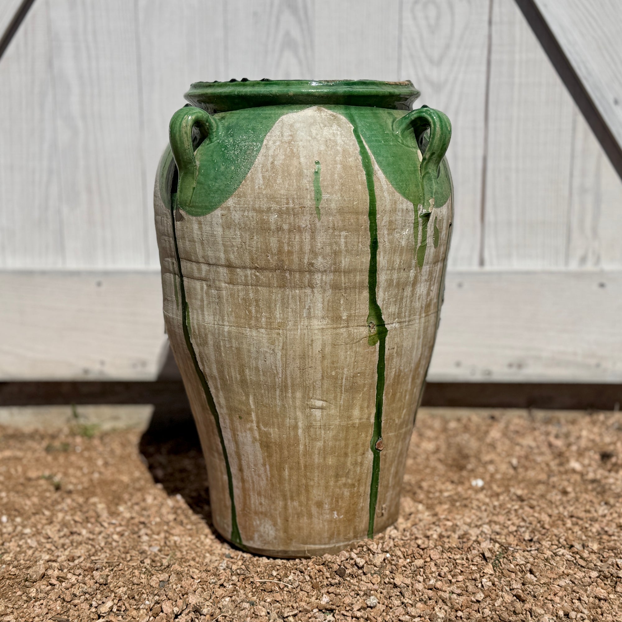 Large Vintage Spanish Olive Oil Jar with Distinctive Green Dripped Glaze