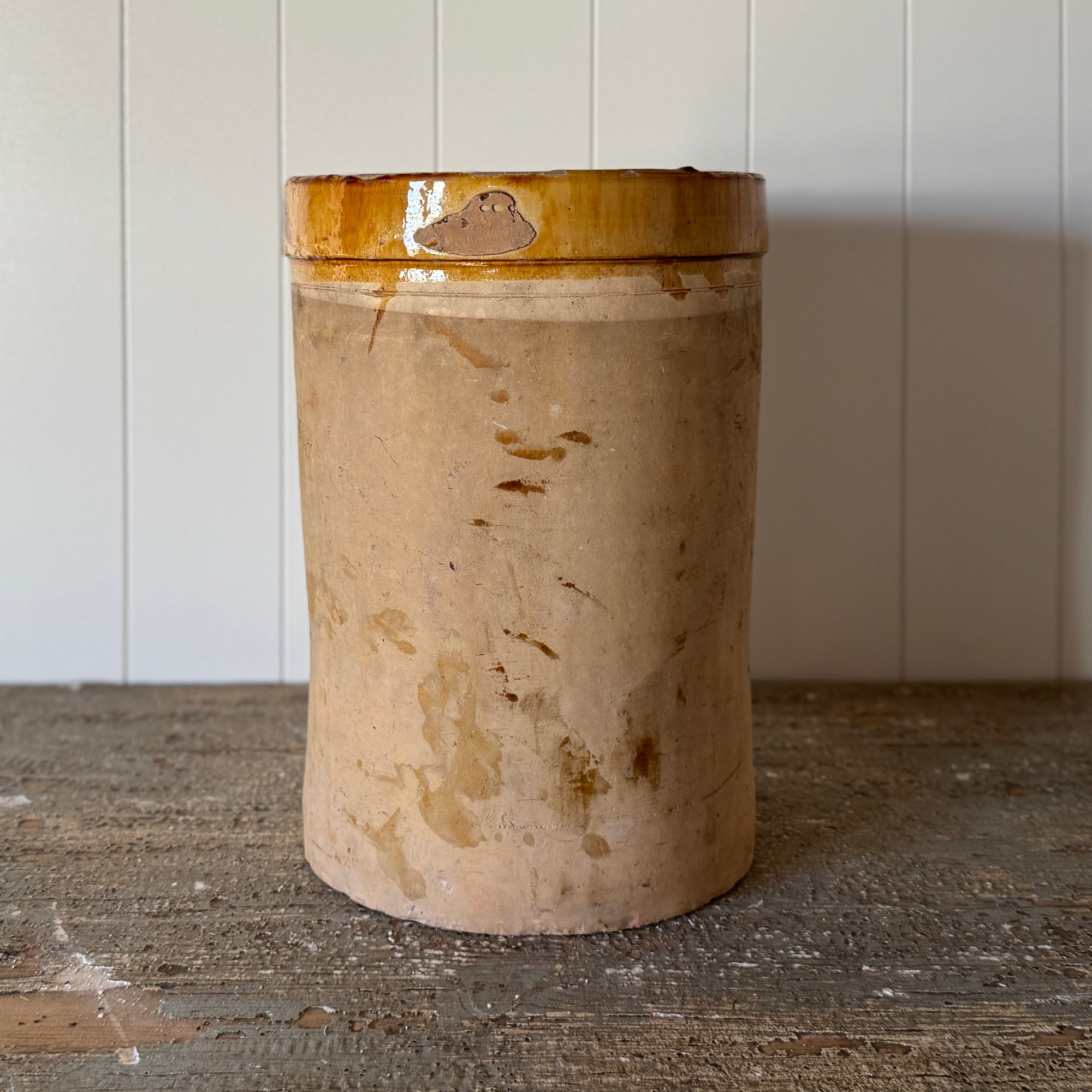 Large Italian Antique Terra Cotta Pot with Glazed Mustard Rim