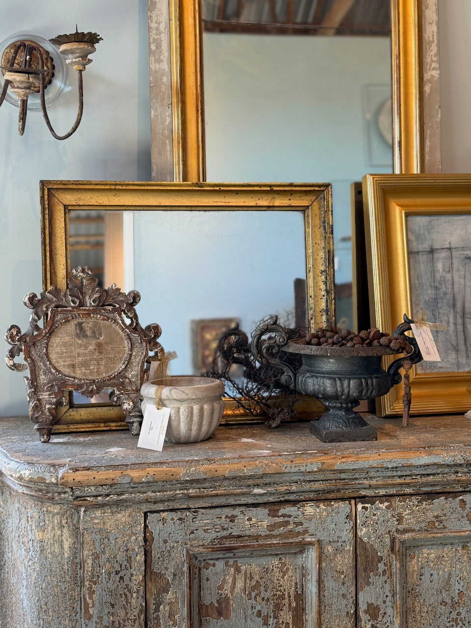 Antique French Gilded Mirror with Distressed Patina