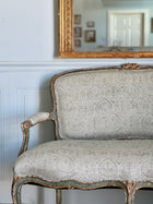 Antique Belgian Louis XV Settee Newly Upholstered in Block Print Linen