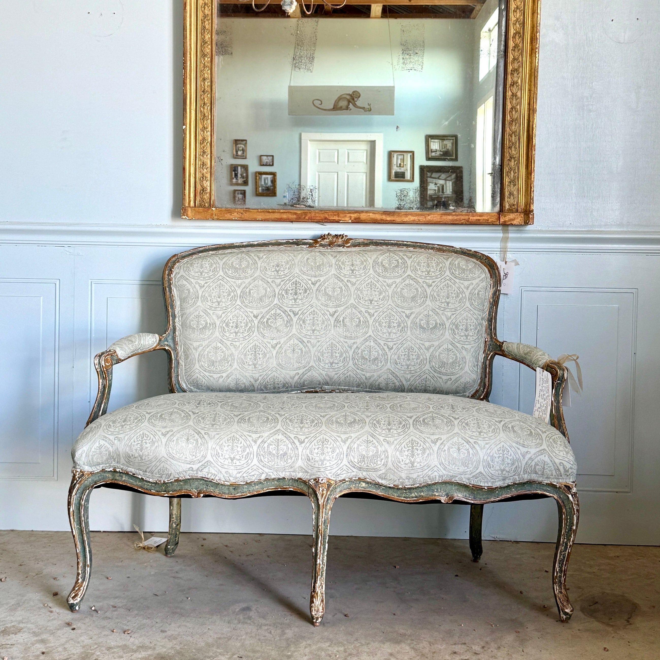 Antique Belgian Louis XV Settee Newly Upholstered in Block Print Linen