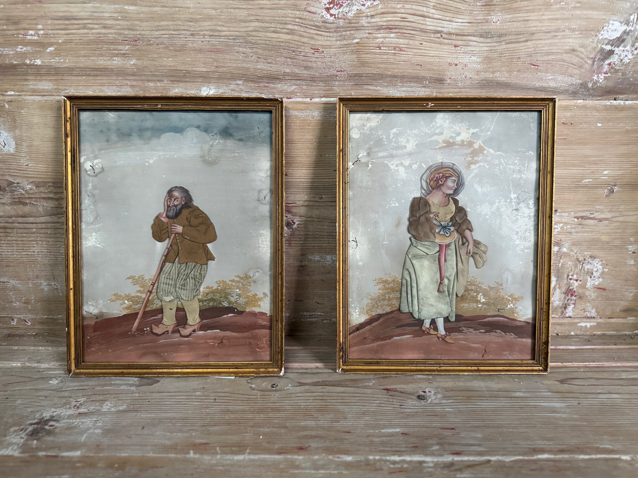 Pair of 18th-Century French Oil Paintings with Textile Appliqué Figures