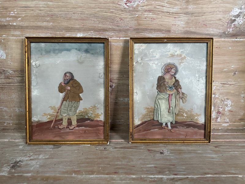 Pair of 18th-Century French Oil Paintings with Textile Appliqué Figures