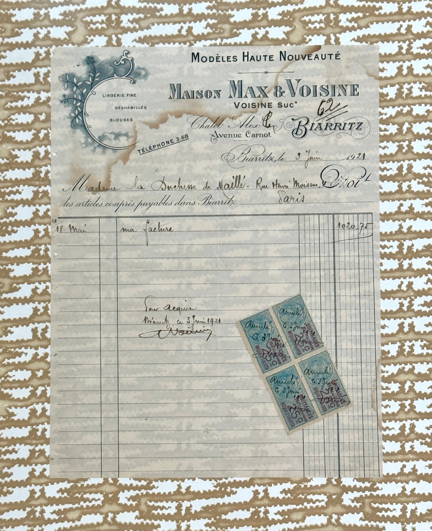 Antique French Document Matted on Casa Branca Wallpaper