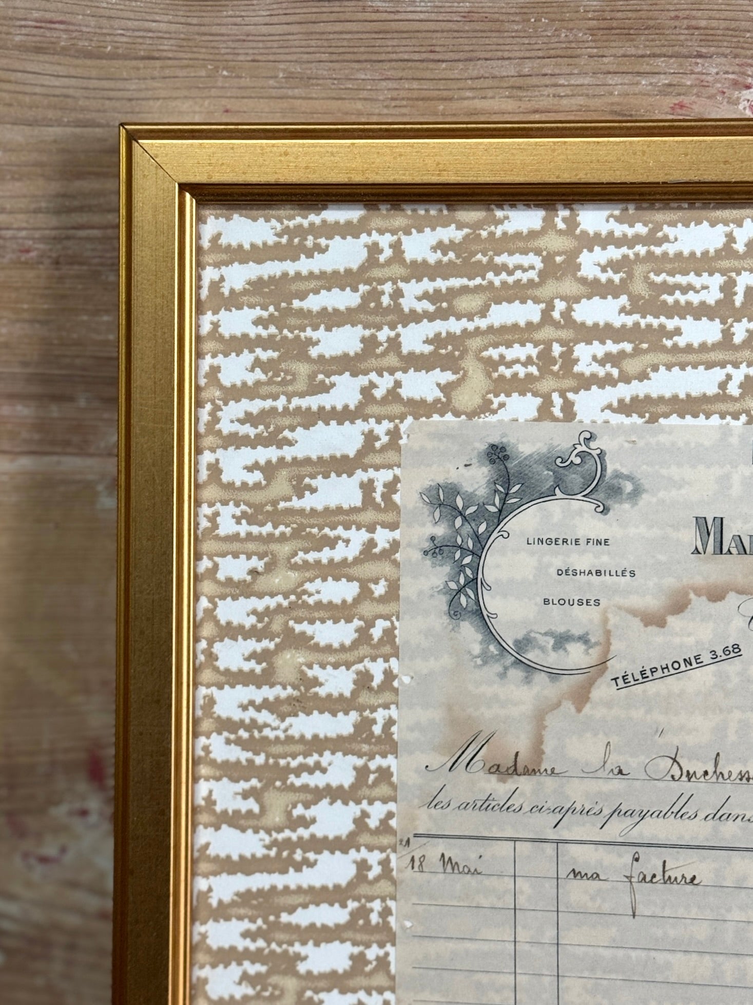 Antique French Document Matted on Casa Branca Wallpaper