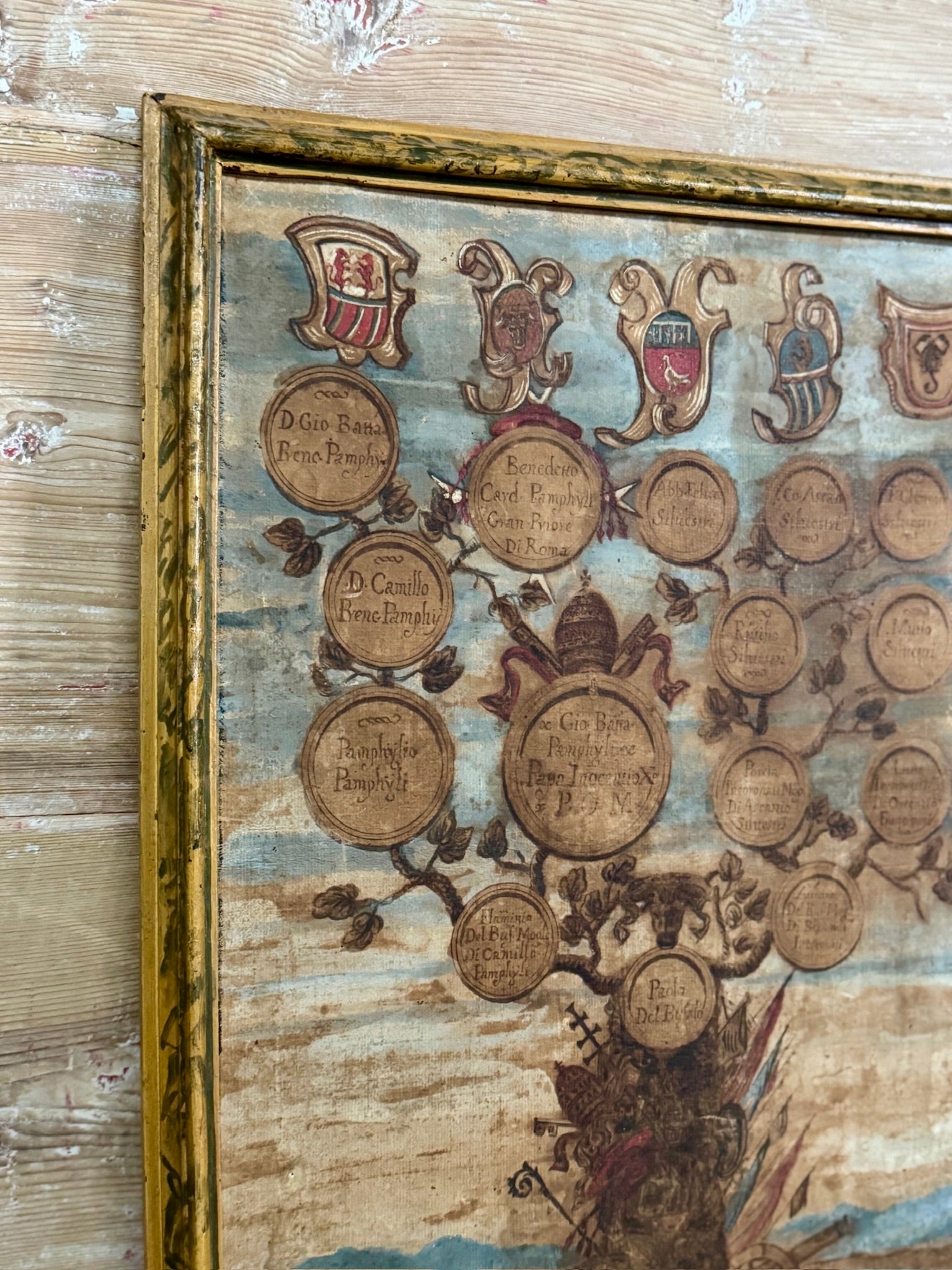 18th C Pair of Hand-Painted Family Tree with Heraldic Crests