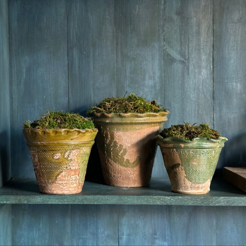 Vintage Scalloped Terracotta Pot with Green Glazed Detail