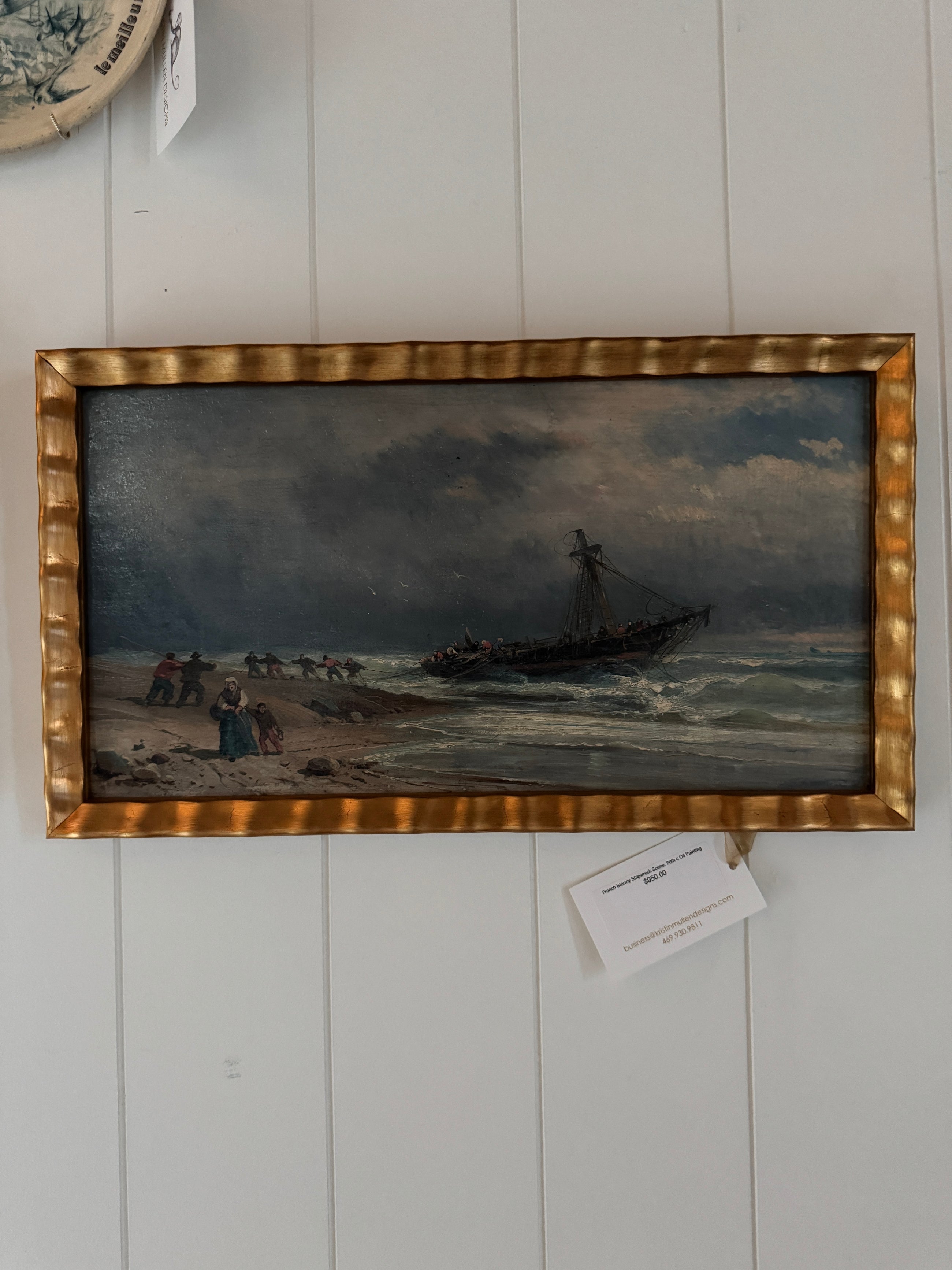 French Stormy Shipwreck Scene, 20th c Oil Painting