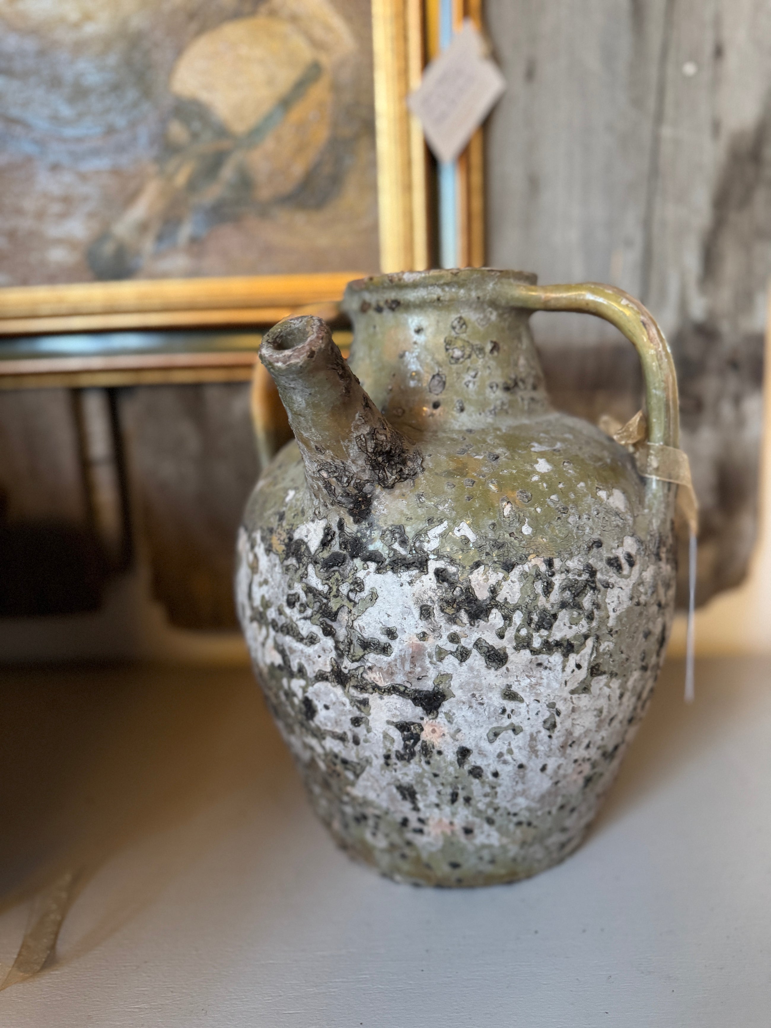 19th C French Walnut Oil Jug in Pale Green