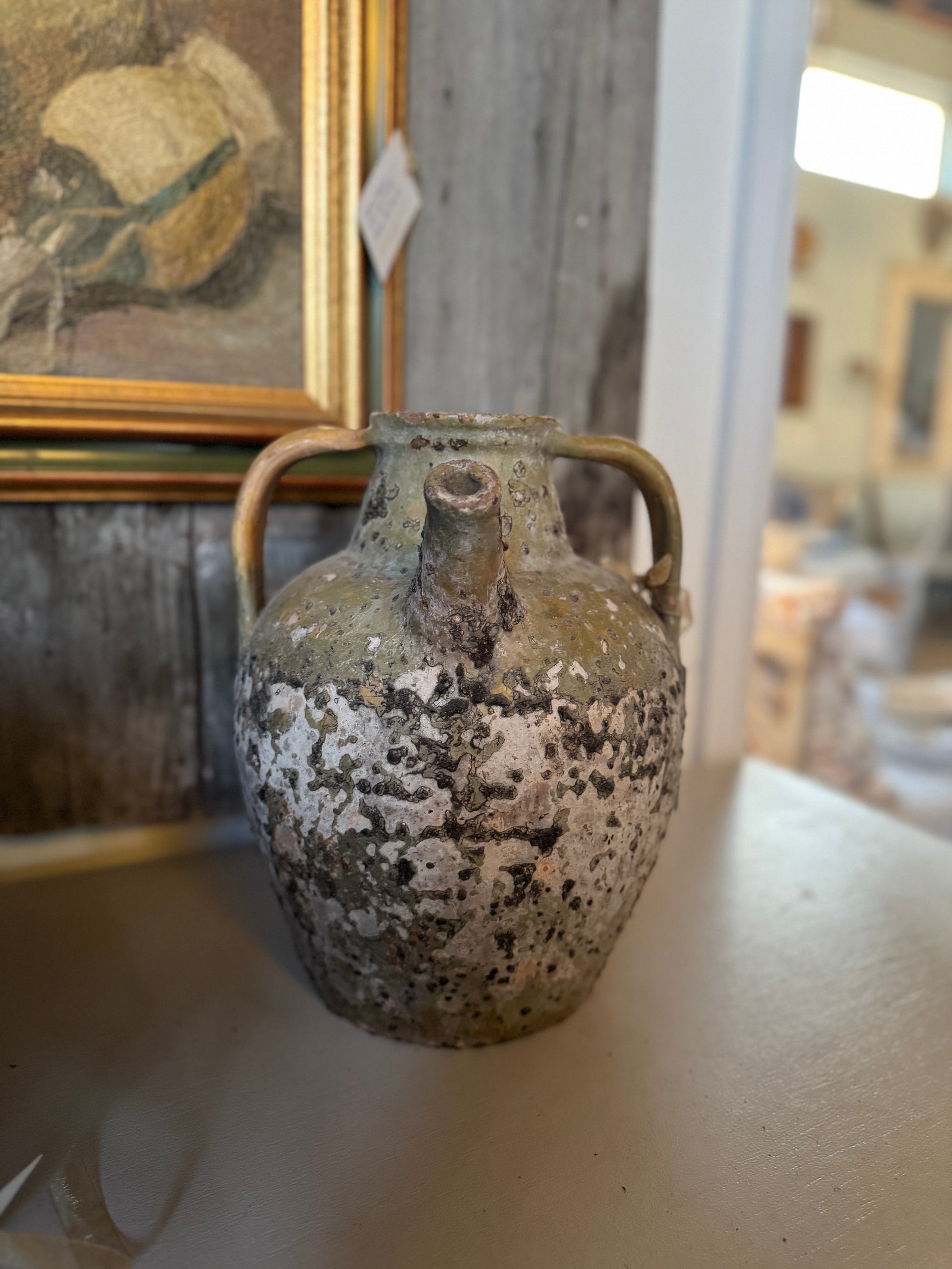 19th C French Walnut Oil Jug in Pale Green
