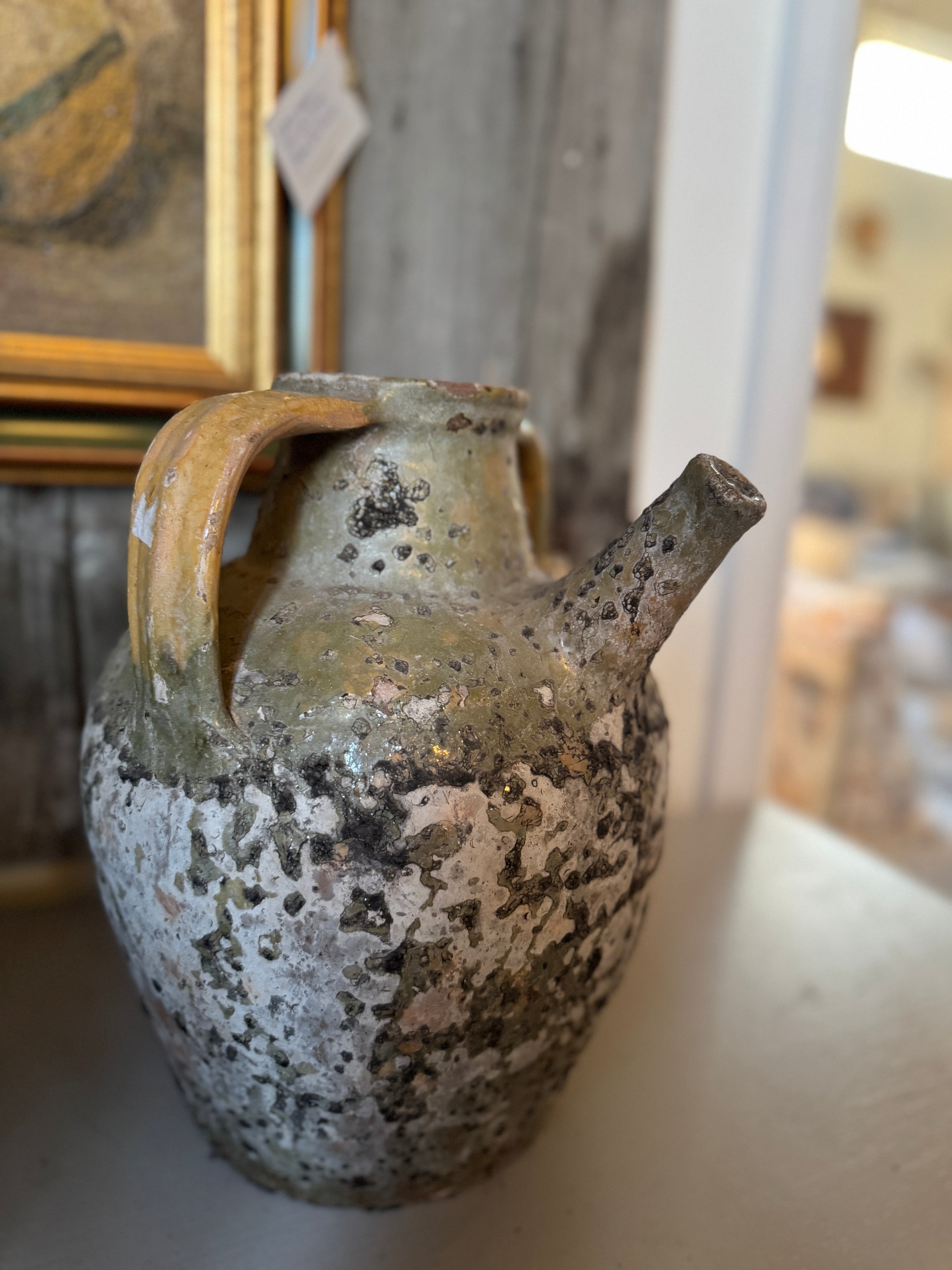 19th C French Walnut Oil Jug in Pale Green